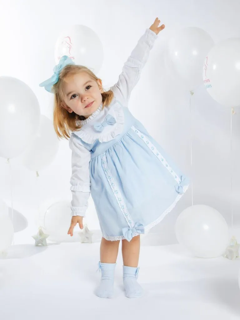 Baby Girl Lucia Collection Dress with Bows and Frilly long sleeve -  Baby Blue