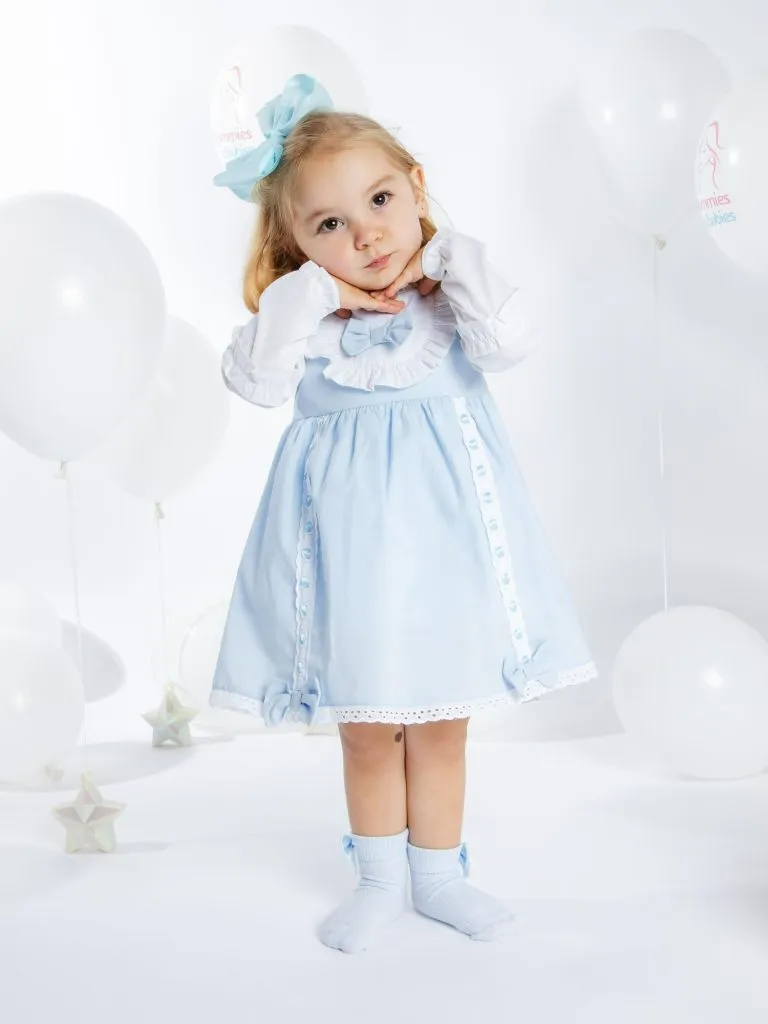 Baby Girl Lucia Collection Dress with Bows and Frilly long sleeve -  Baby Blue