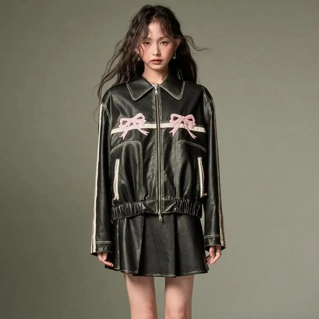 Baggy Style Pink Bow Leather Jacket