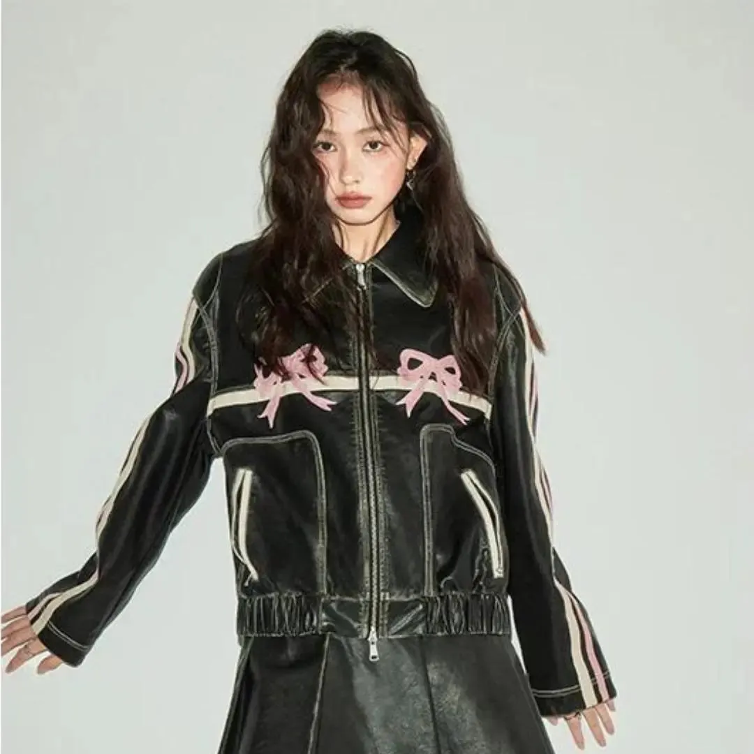 Baggy Style Pink Bow Leather Jacket