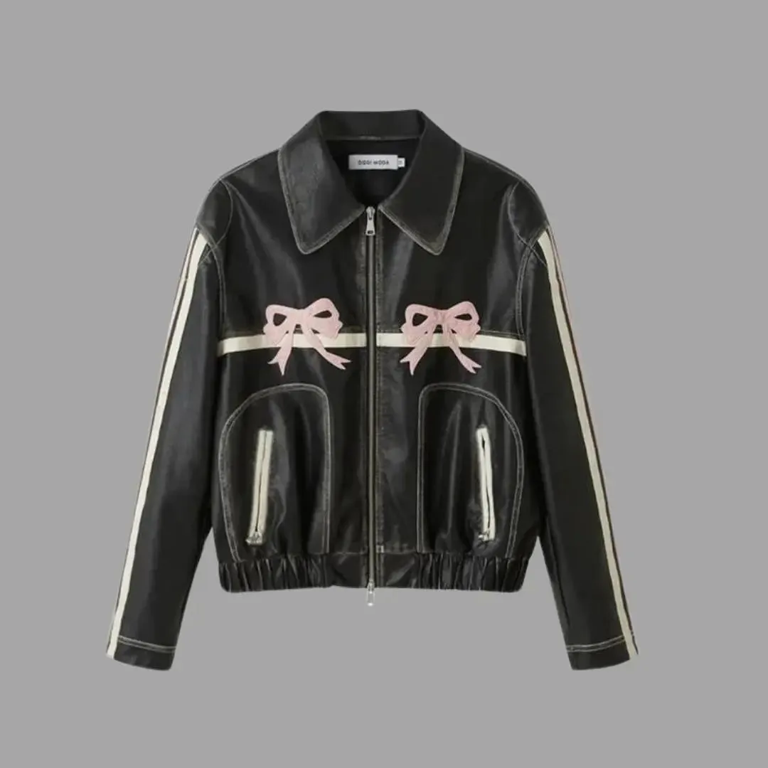 Baggy Style Pink Bow Leather Jacket