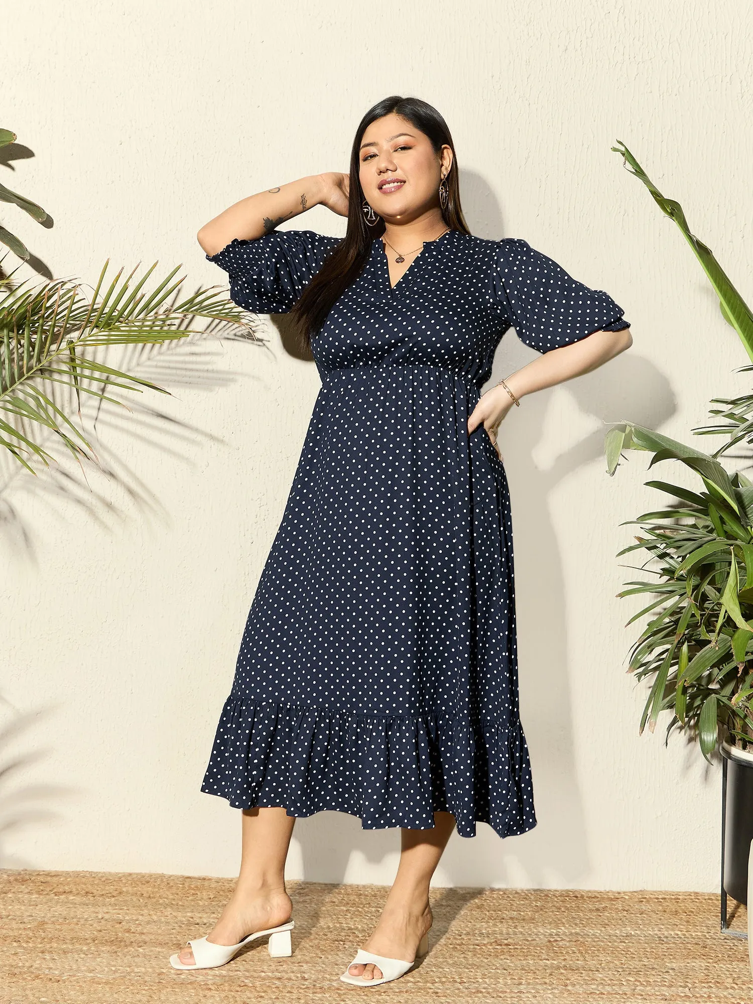 Berrylush Curve Women Navy Blue & White Polka Dot Printed Mandarin Collar Neck Crepe Pleated Fit & Flare Midi Dress