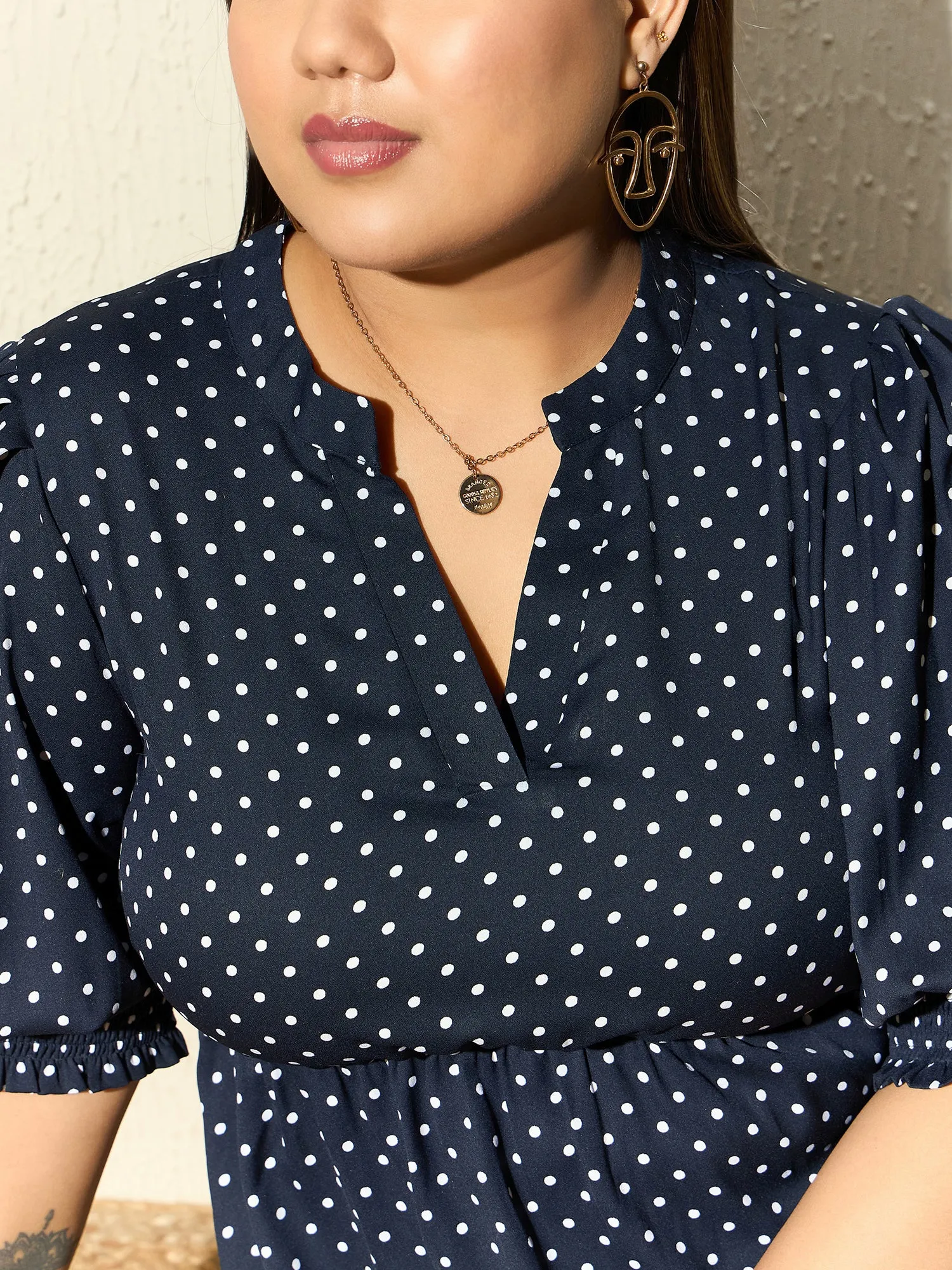 Berrylush Curve Women Navy Blue & White Polka Dot Printed Mandarin Collar Neck Crepe Pleated Fit & Flare Midi Dress
