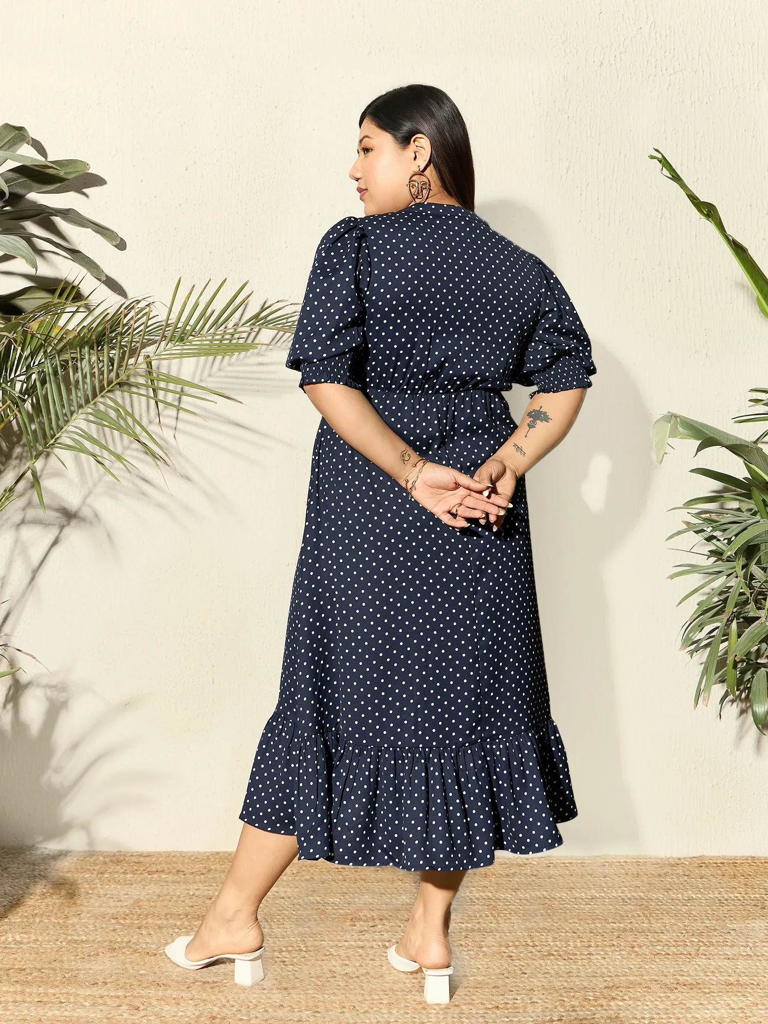 Berrylush Curve Women Navy Blue & White Polka Dot Printed Mandarin Collar Neck Crepe Pleated Fit & Flare Midi Dress