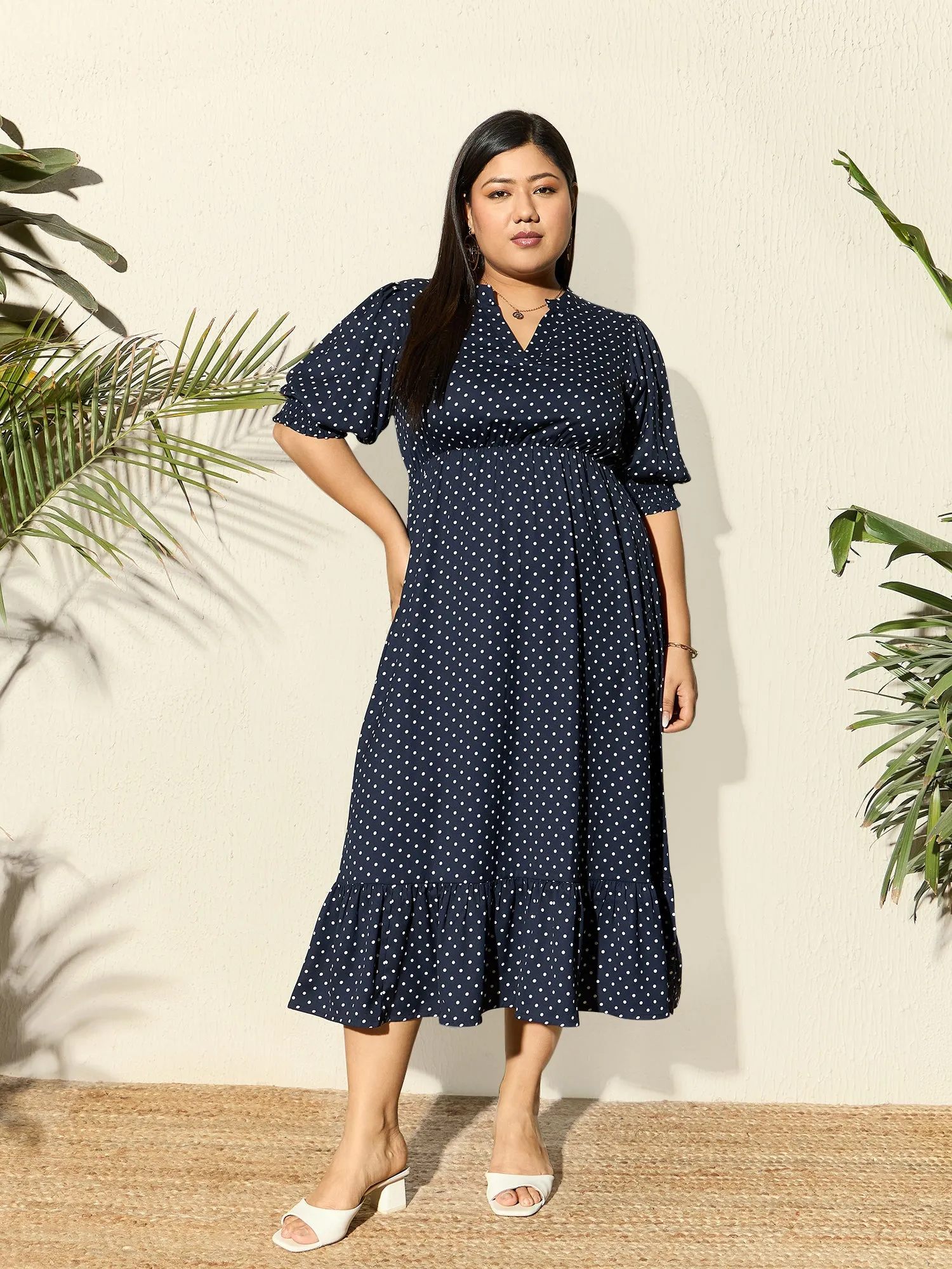 Berrylush Curve Women Navy Blue & White Polka Dot Printed Mandarin Collar Neck Crepe Pleated Fit & Flare Midi Dress