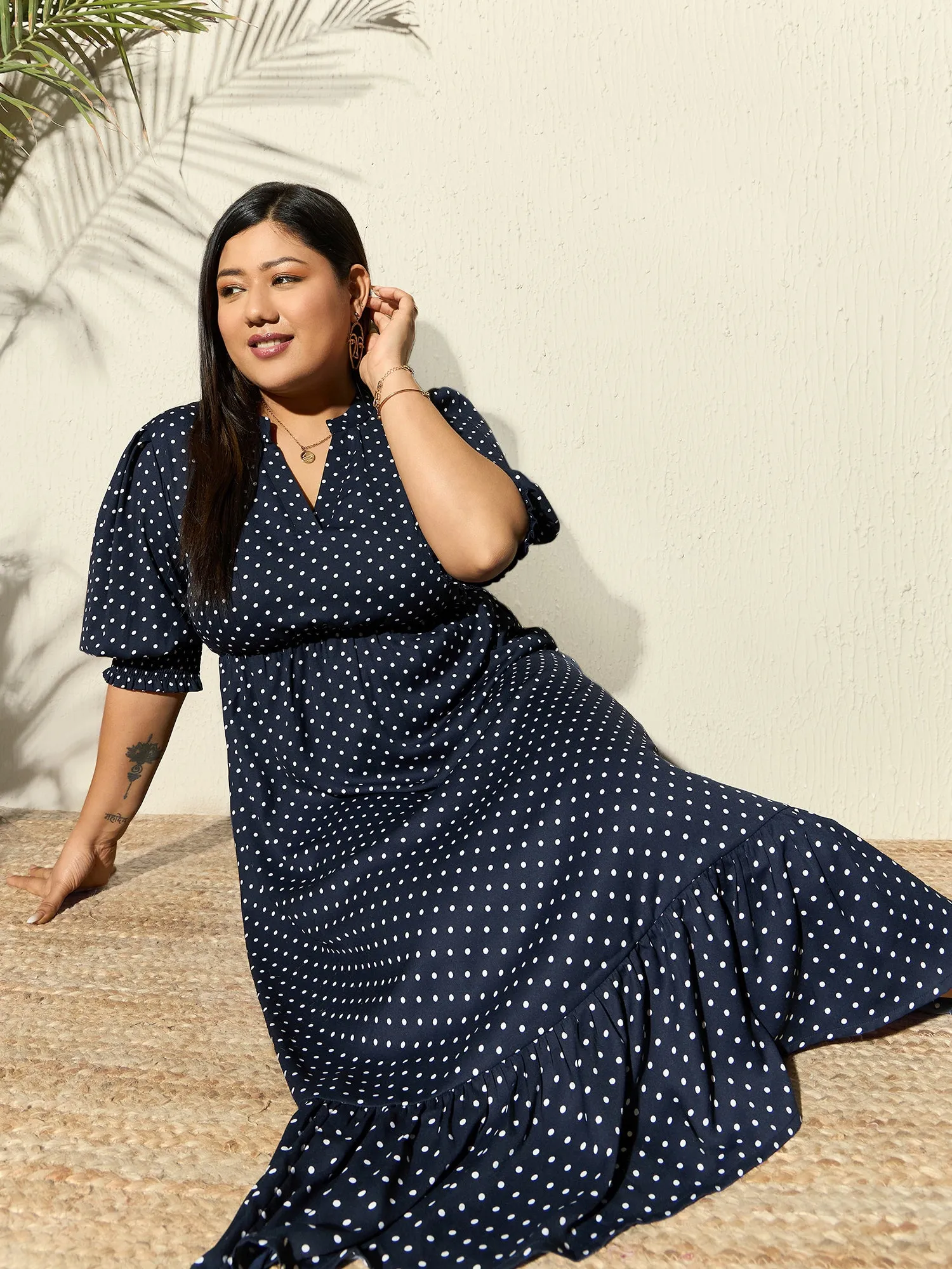 Berrylush Curve Women Navy Blue & White Polka Dot Printed Mandarin Collar Neck Crepe Pleated Fit & Flare Midi Dress