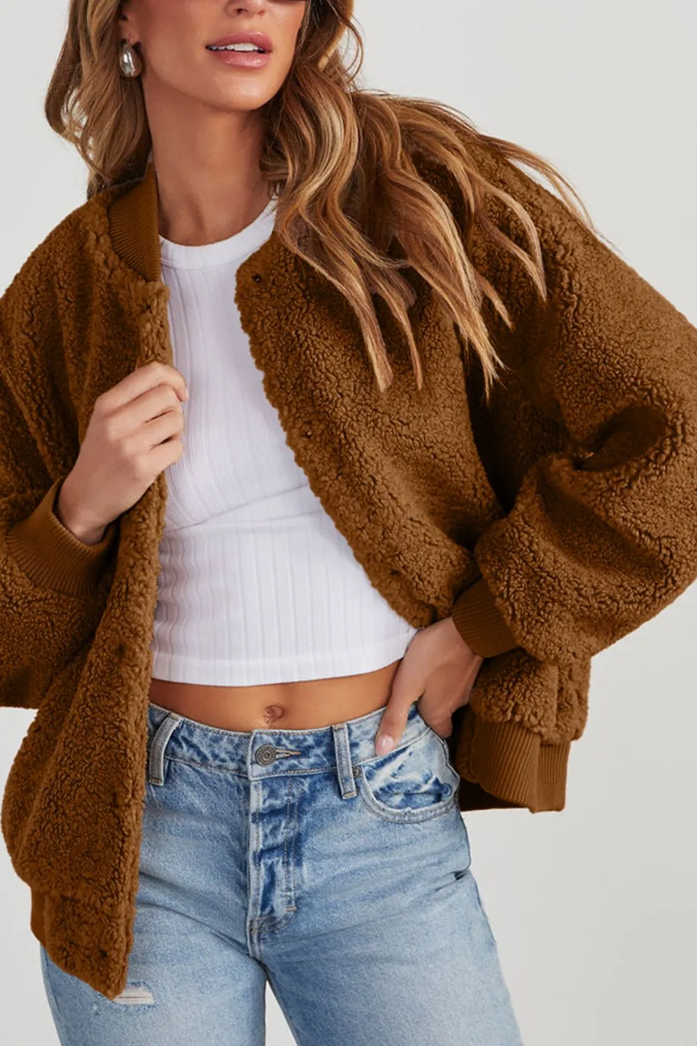 Blue Zone Planet |  Baseball Collar Long Sleeve Sherpa Jacket