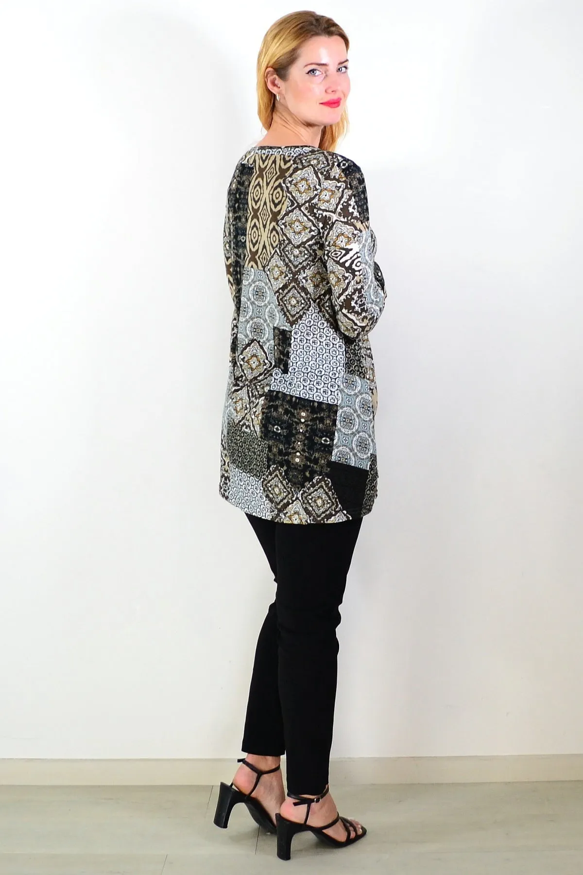 Brown Abstract Print Fleece Tunic Top