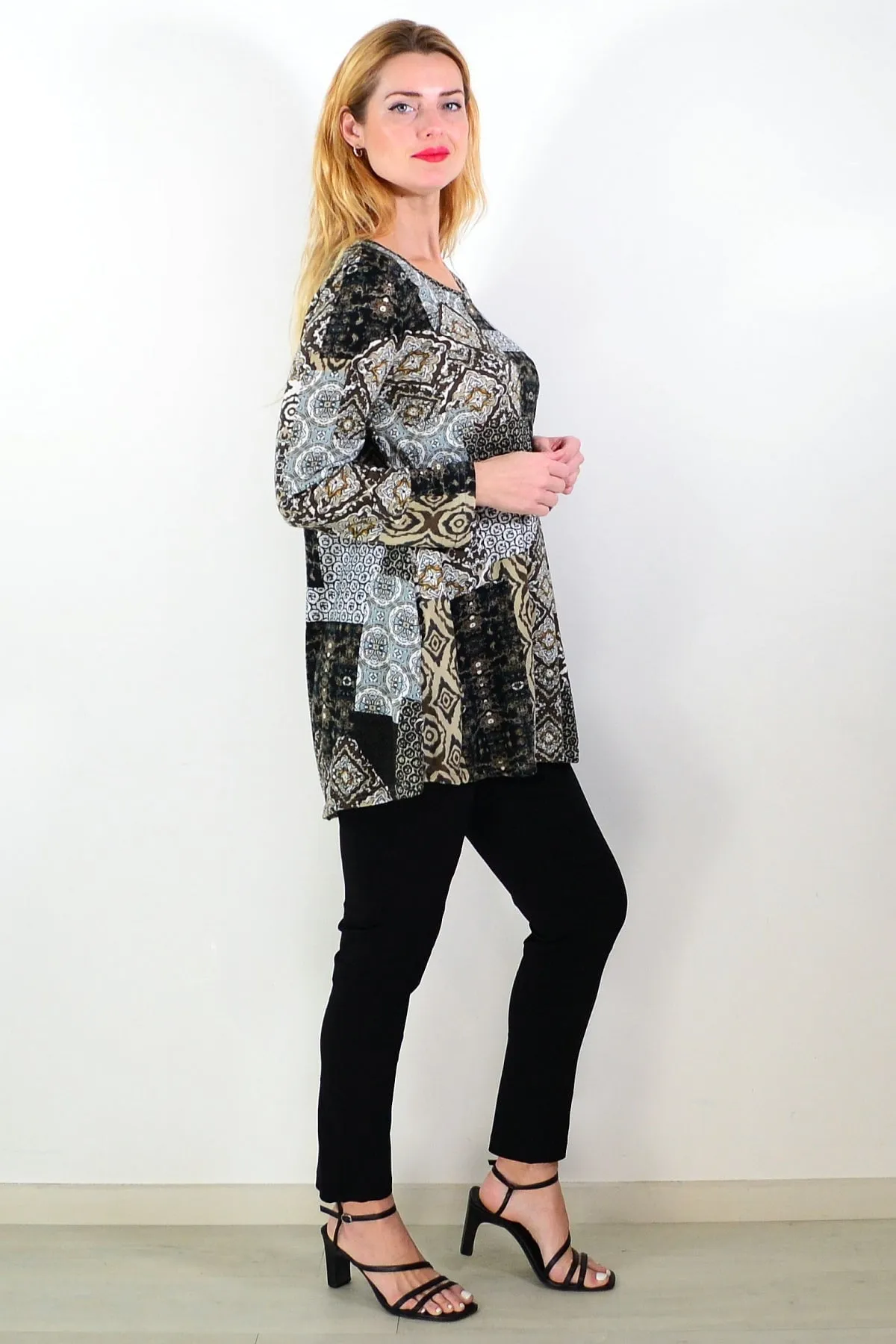 Brown Abstract Print Fleece Tunic Top