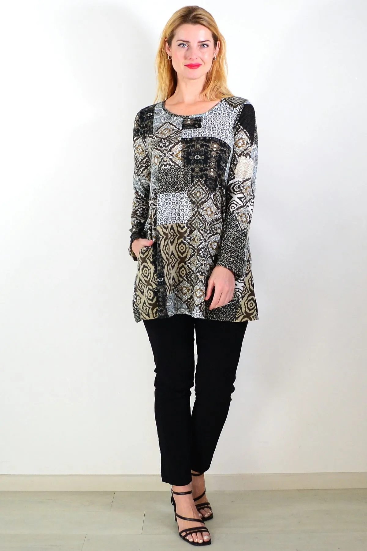 Brown Abstract Print Fleece Tunic Top