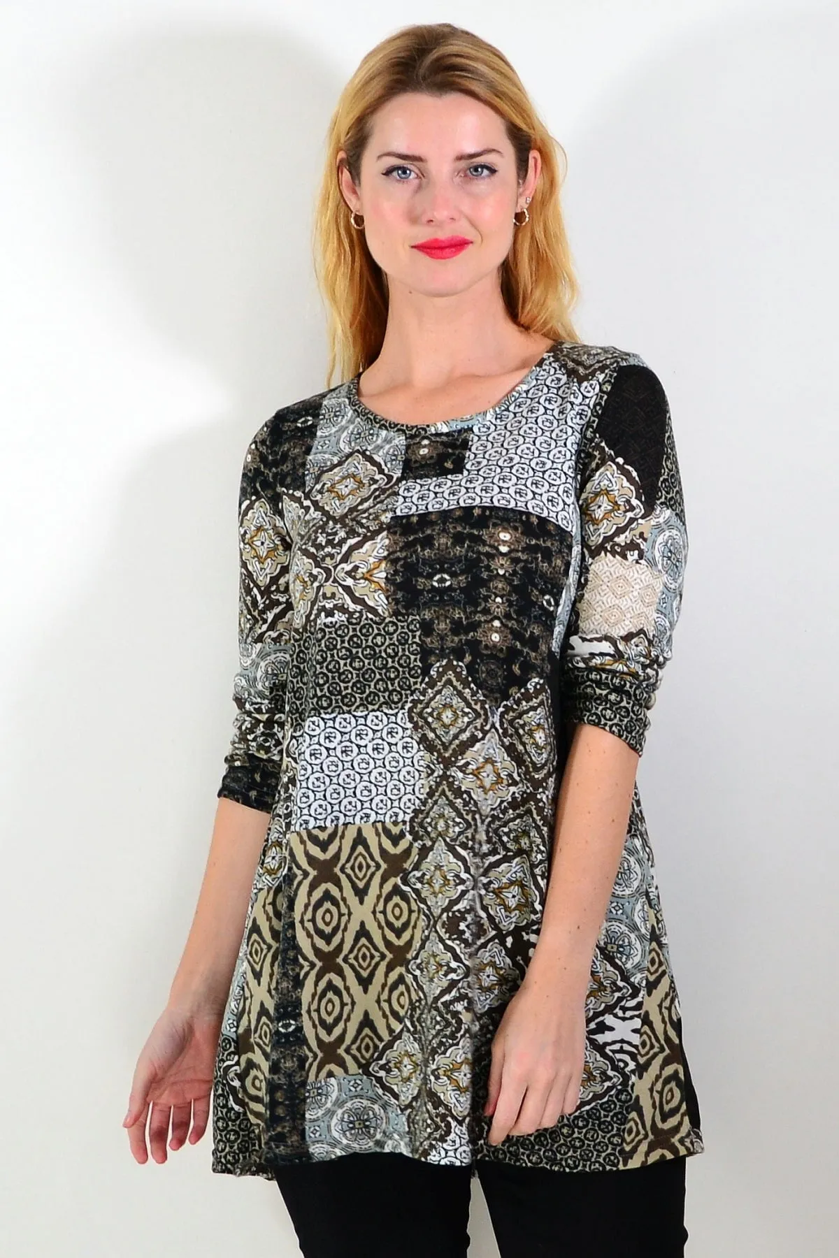 Brown Abstract Print Fleece Tunic Top