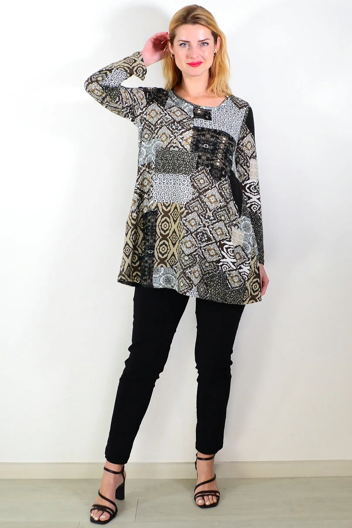 Brown Abstract Print Fleece Tunic Top