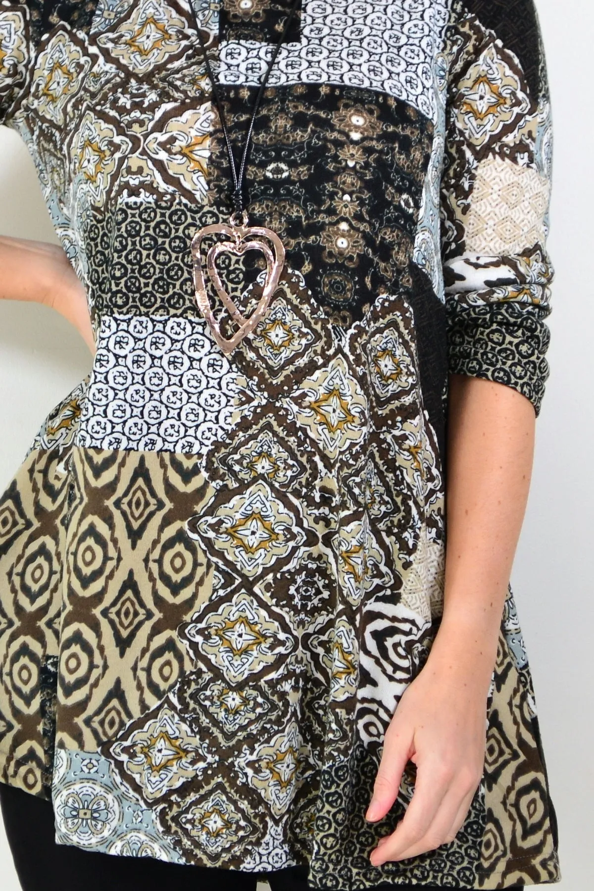 Brown Abstract Print Fleece Tunic Top