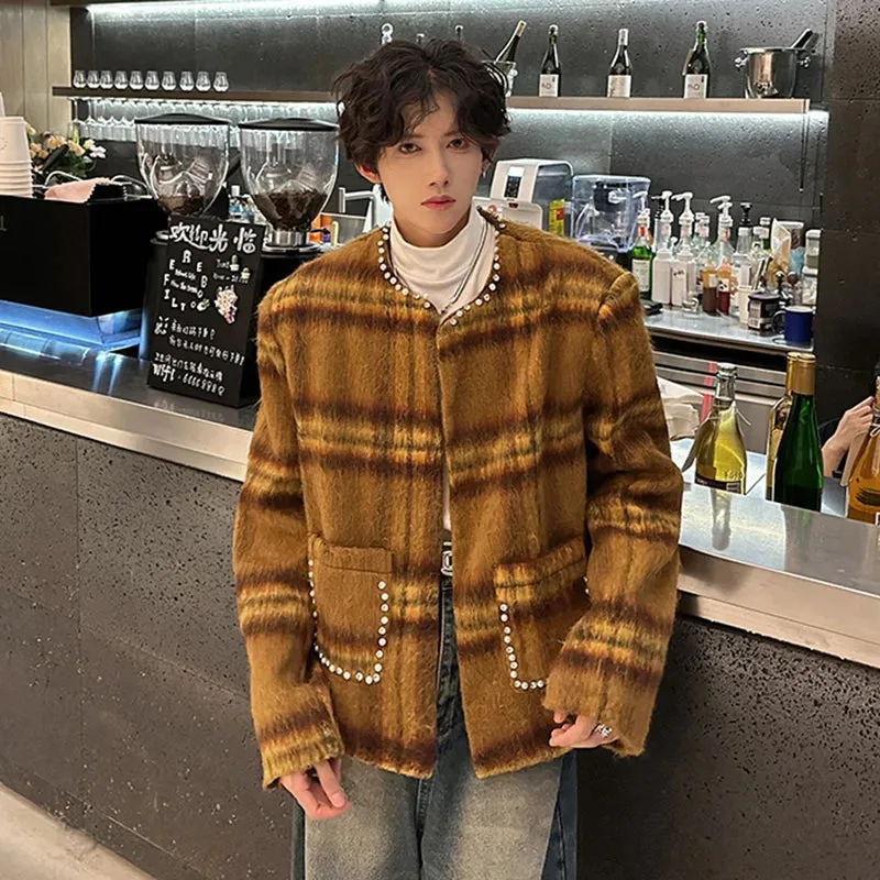Contrast Big Plaid Woolen Rhinestone Jacket