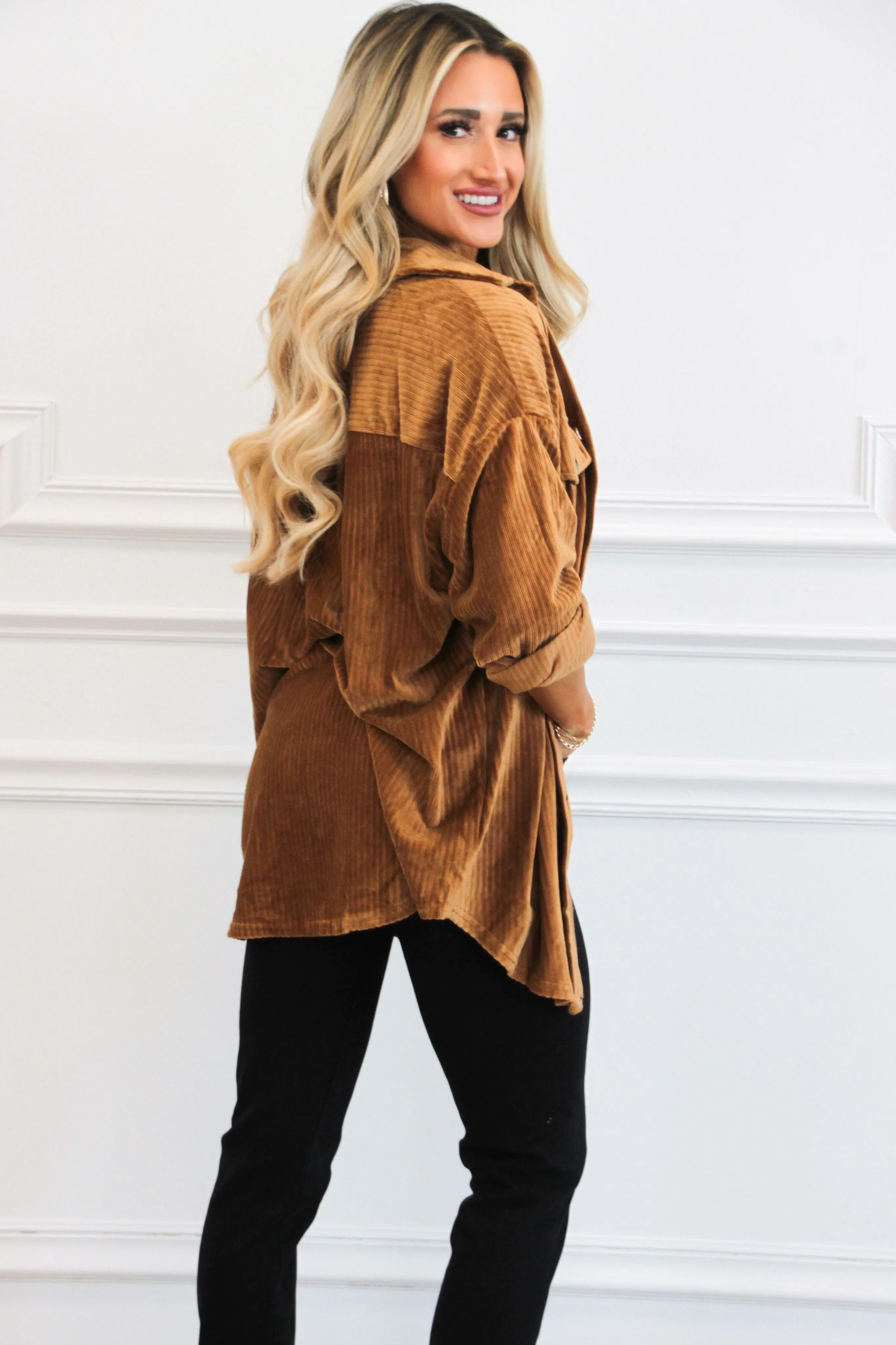 Cozy Soft Holidays Corduroy Button Down Tunic Dress: Camel