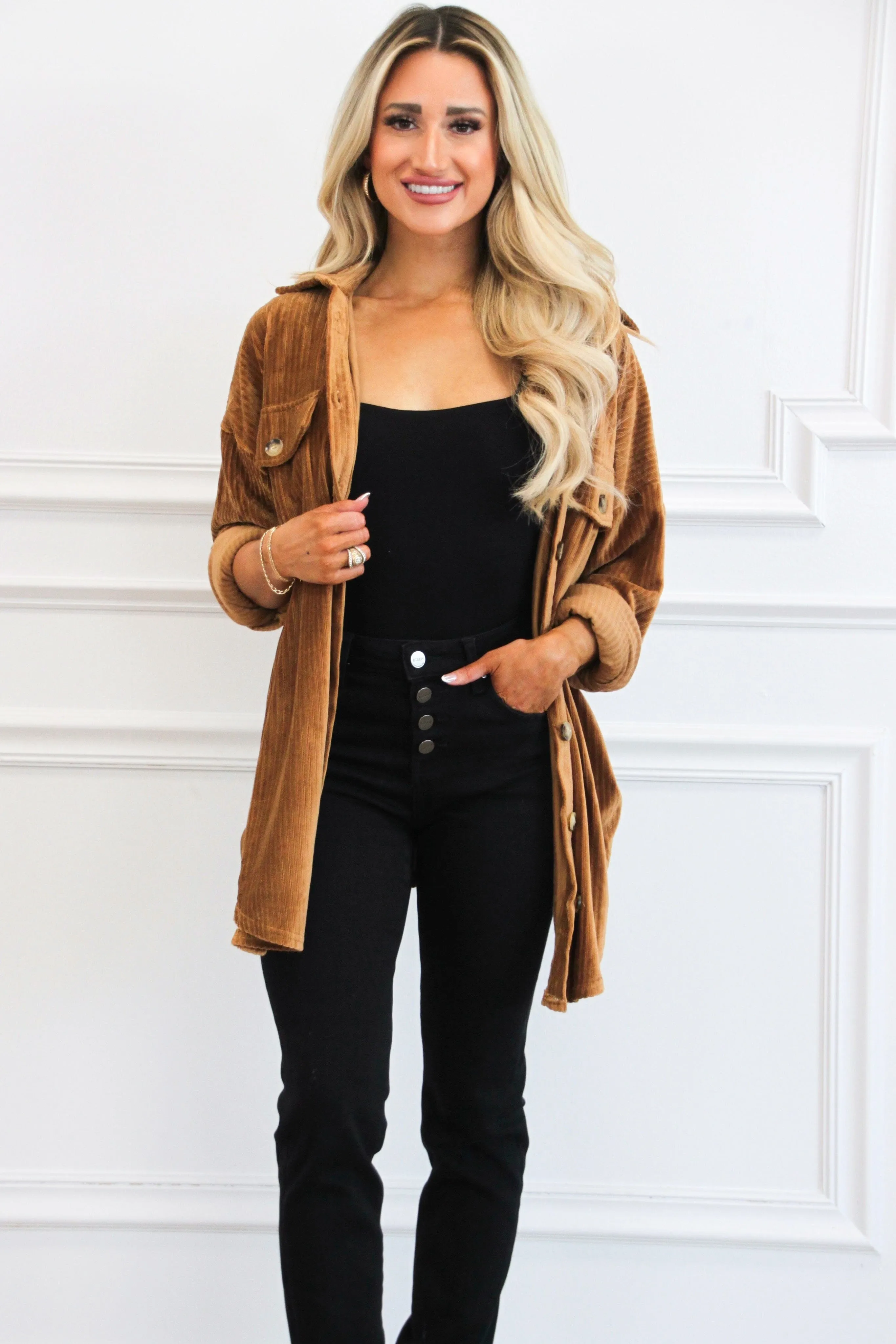 Cozy Soft Holidays Corduroy Button Down Tunic Dress: Camel