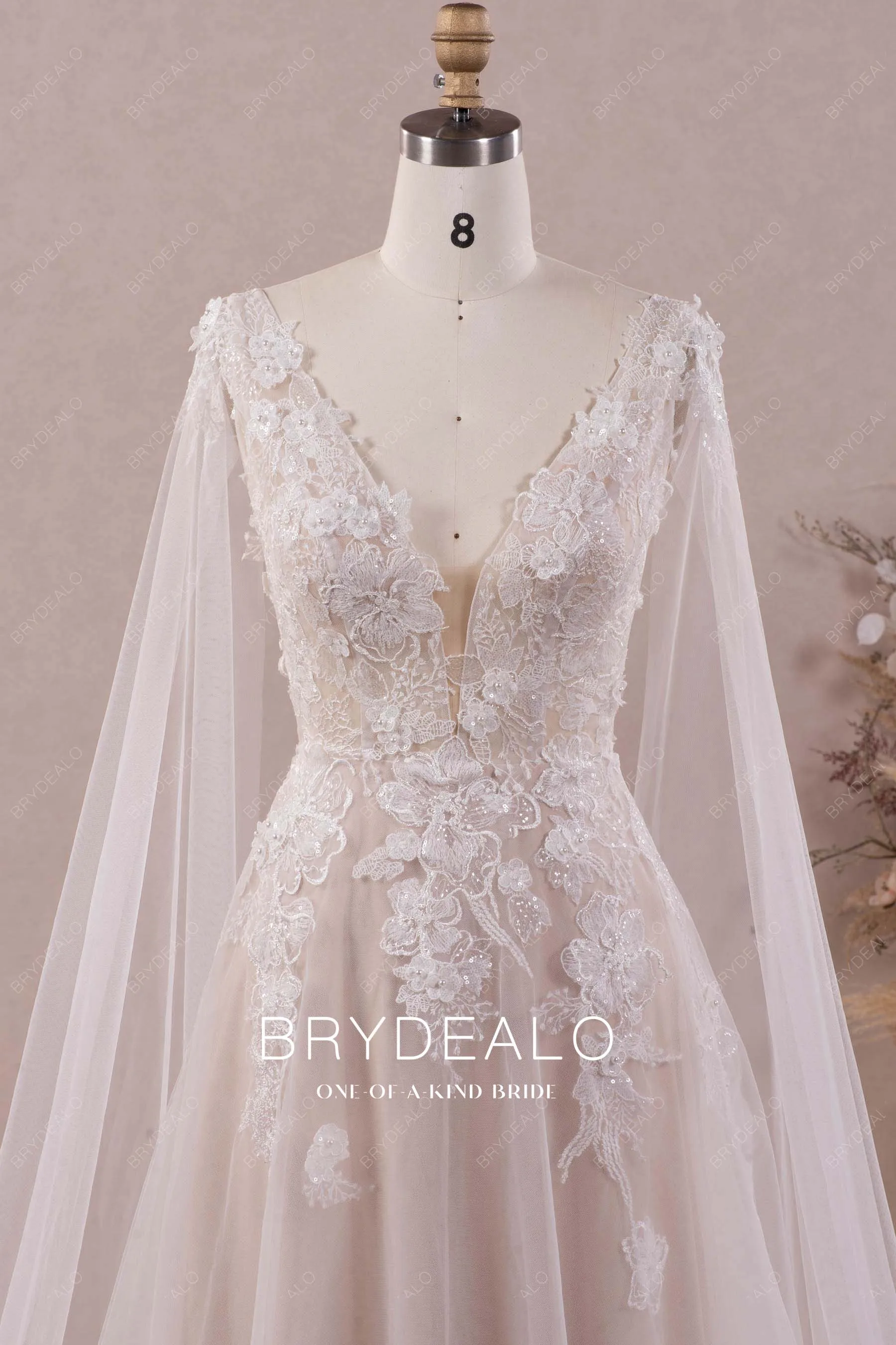 Designer 3D Flower Lace Plunging Modern Nude Shoulder Veil Wedding Dress