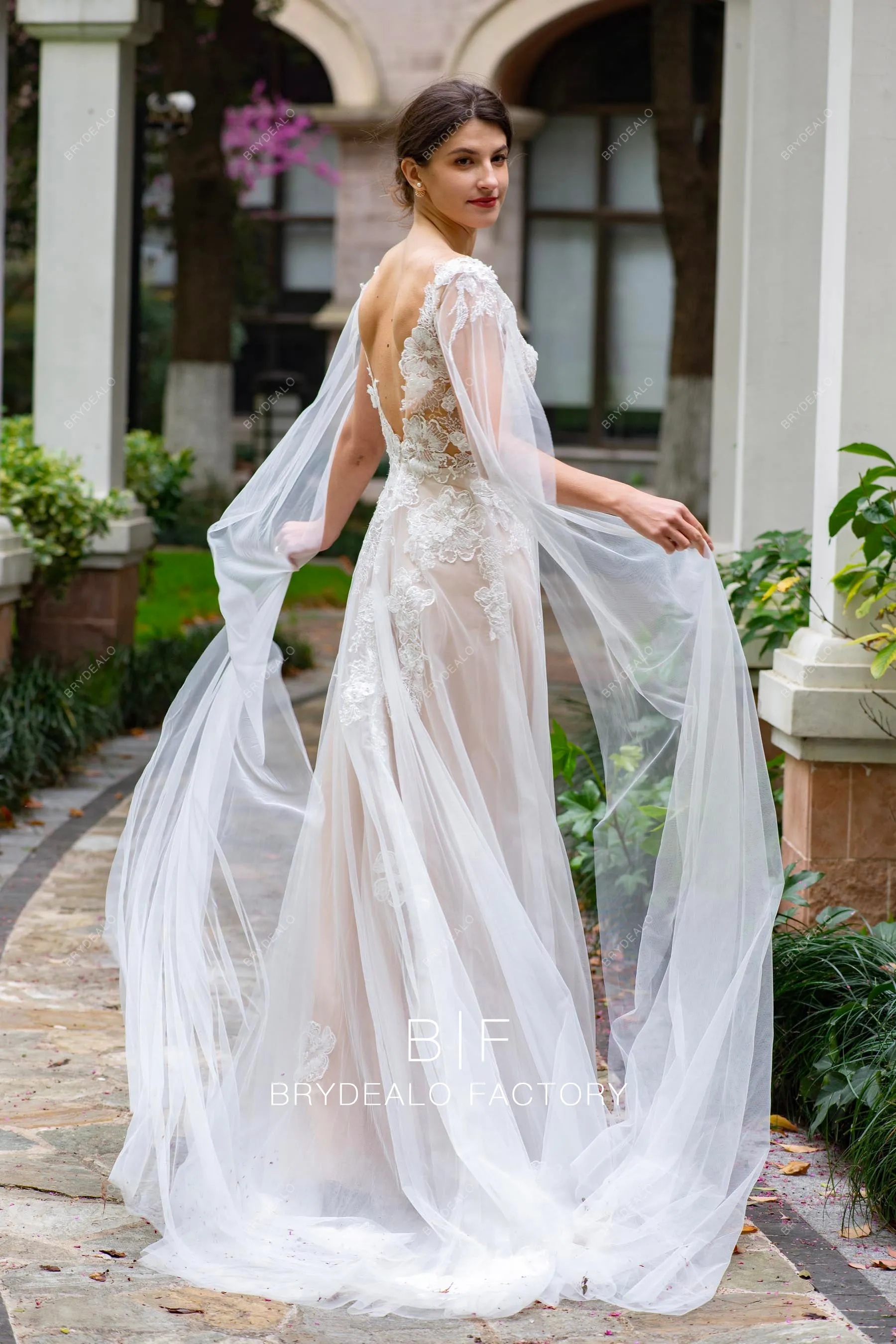 Designer 3D Flower Lace Plunging Modern Nude Shoulder Veil Wedding Dress