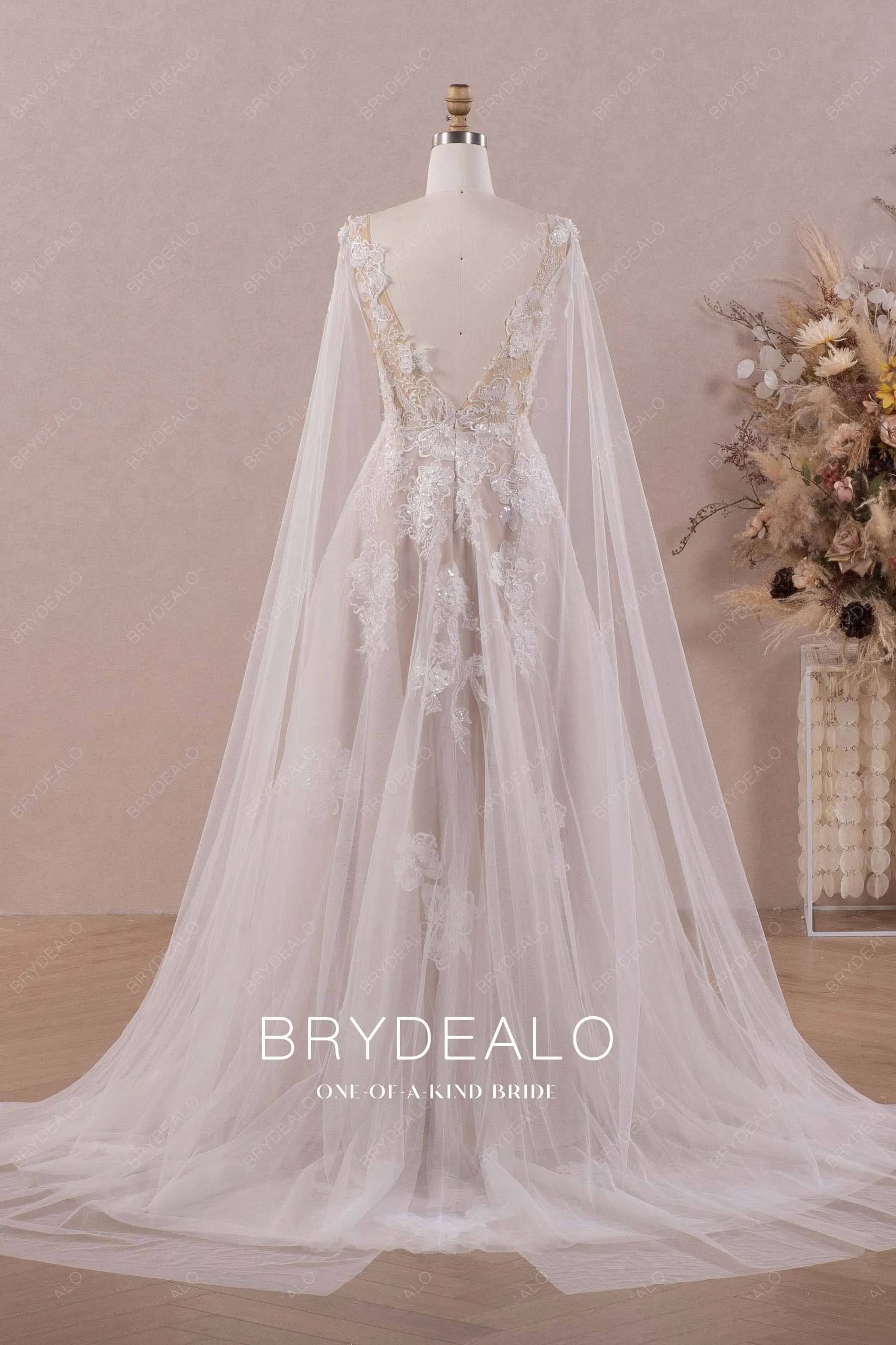 Designer 3D Flower Lace Plunging Modern Nude Shoulder Veil Wedding Dress