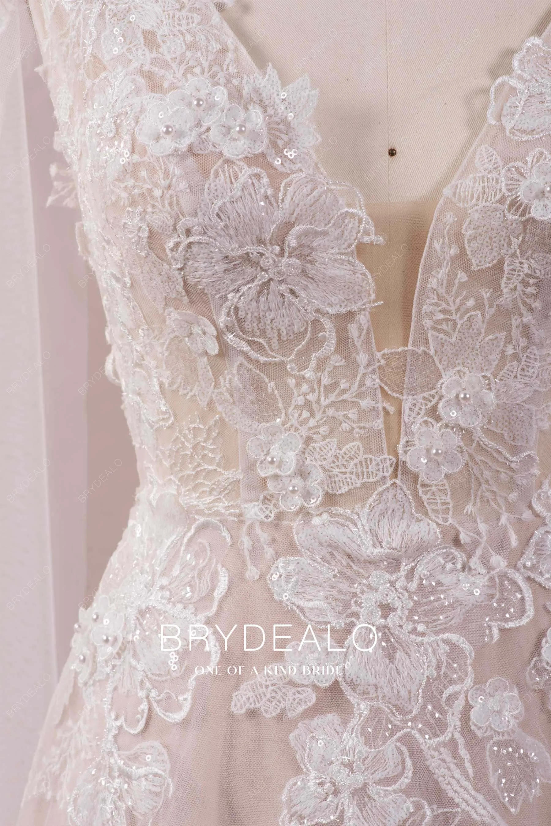 Designer 3D Flower Lace Plunging Modern Nude Shoulder Veil Wedding Dress
