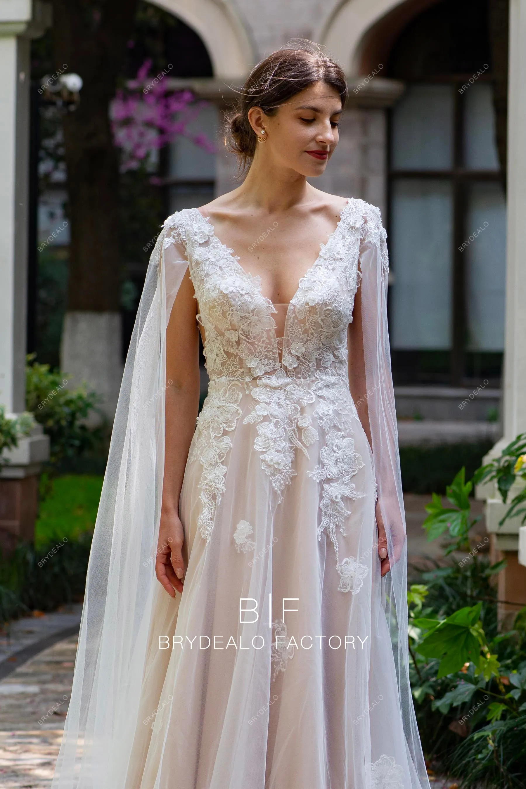 Designer 3D Flower Lace Plunging Modern Nude Shoulder Veil Wedding Dress
