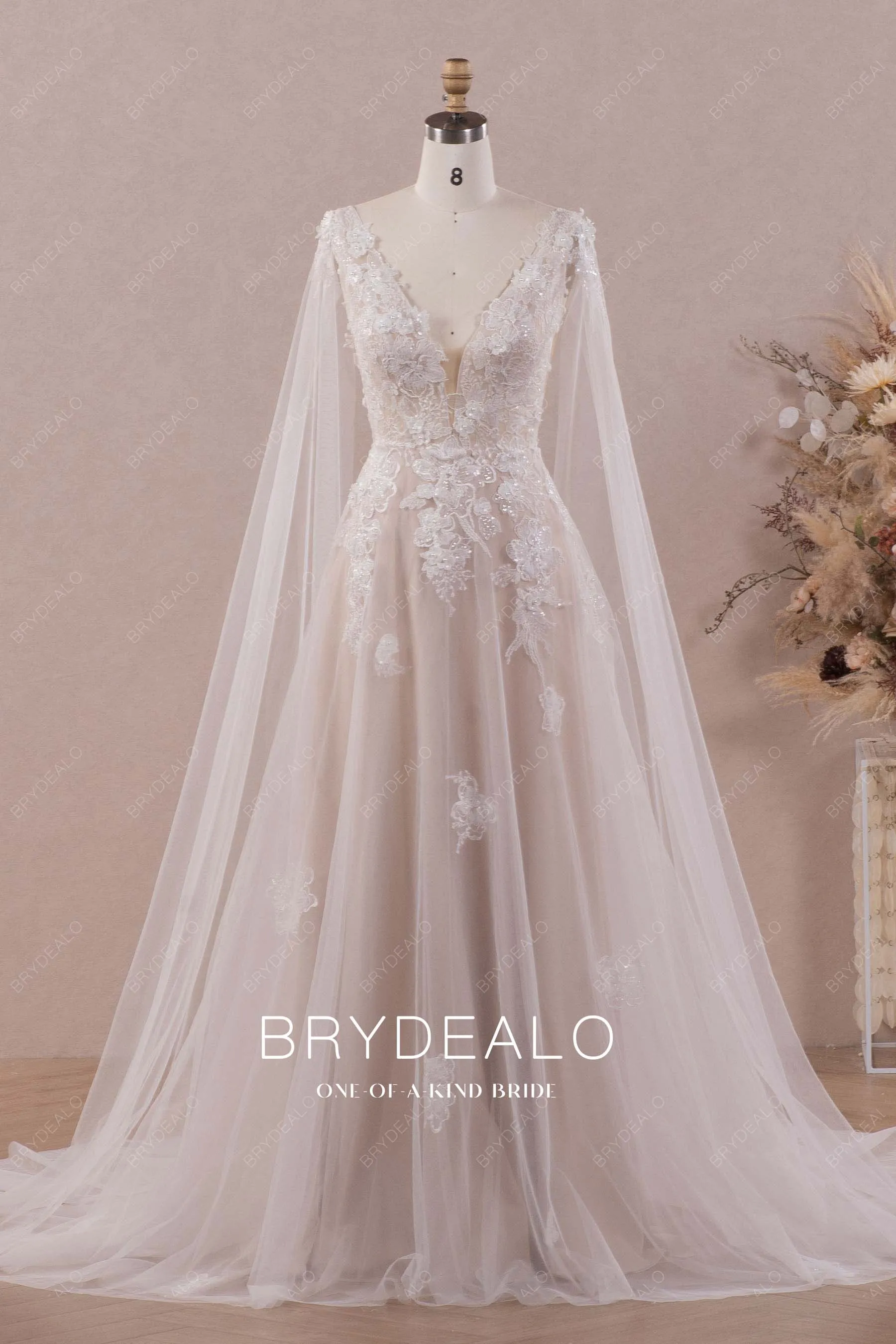 Designer 3D Flower Lace Plunging Modern Nude Shoulder Veil Wedding Dress