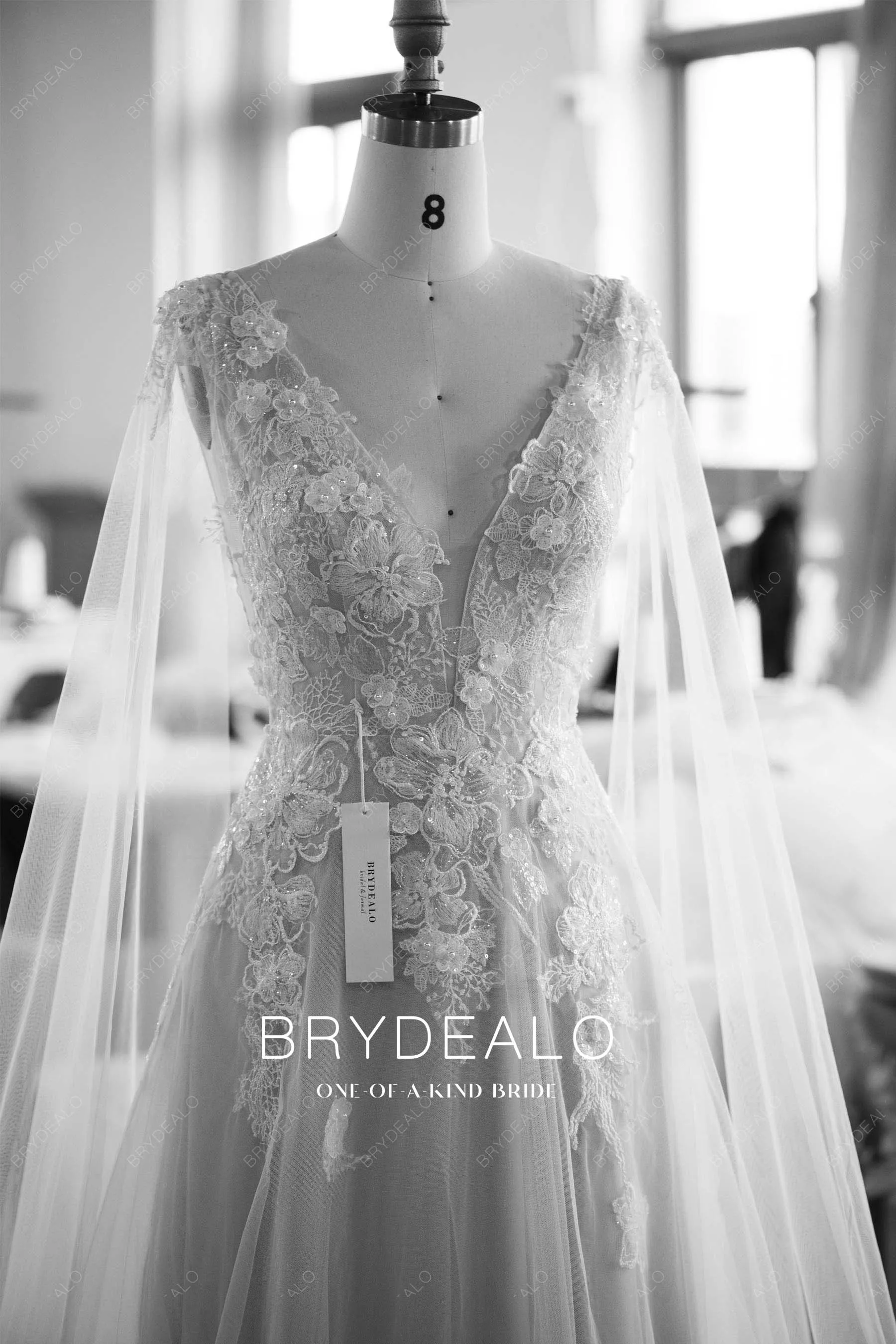 Designer 3D Flower Lace Plunging Modern Nude Shoulder Veil Wedding Dress