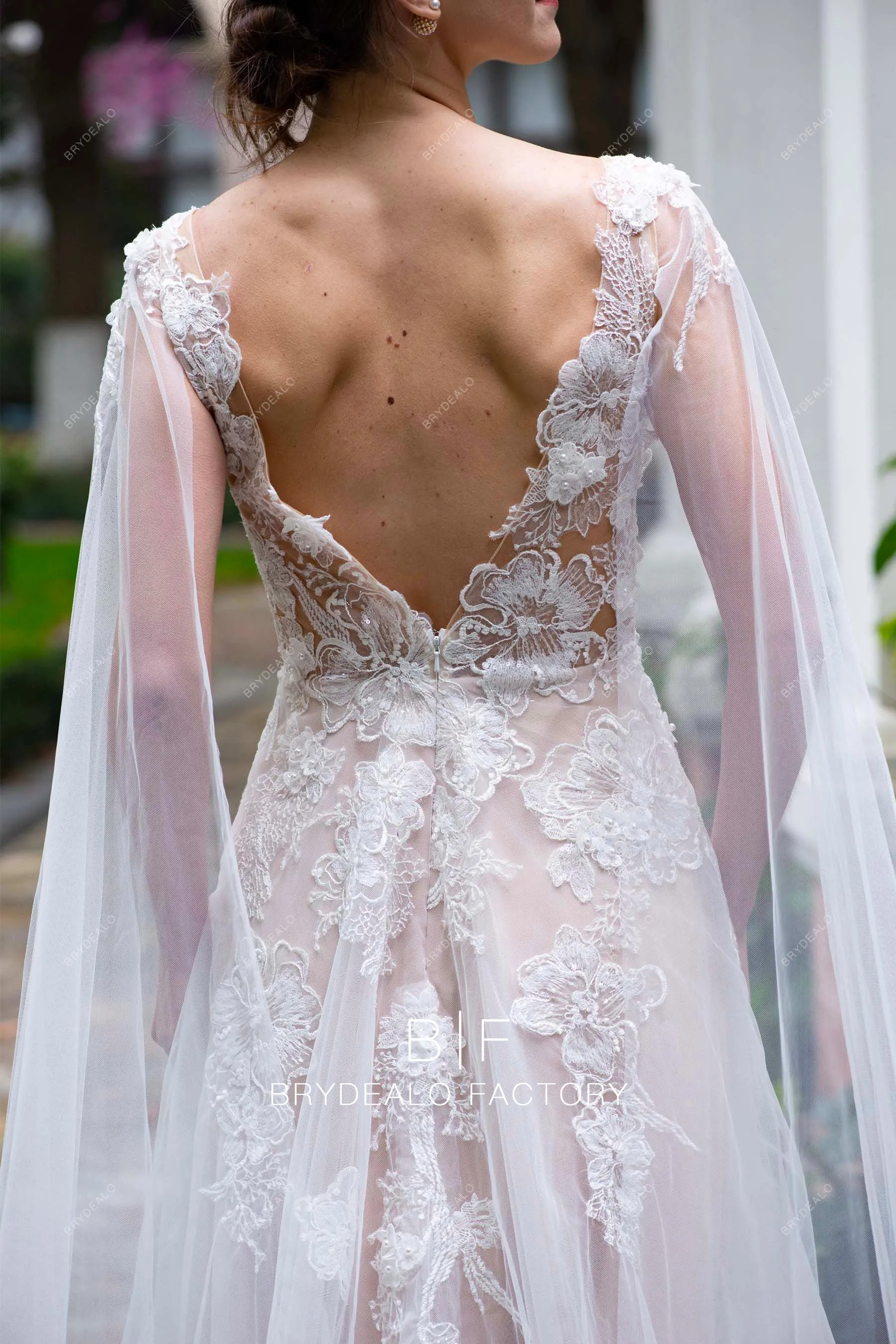 Designer 3D Flower Lace Plunging Modern Nude Shoulder Veil Wedding Dress