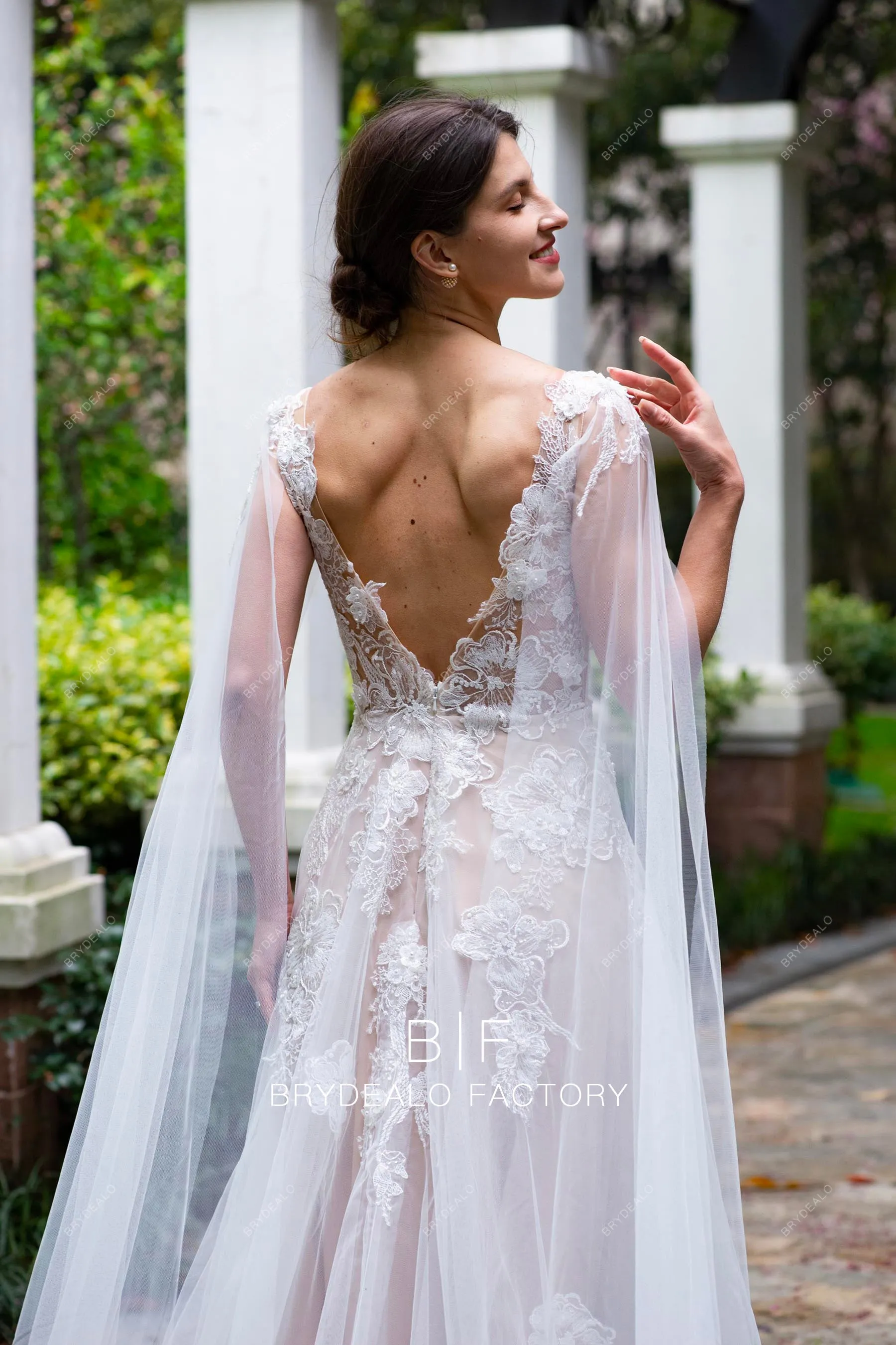 Designer 3D Flower Lace Plunging Modern Nude Shoulder Veil Wedding Dress