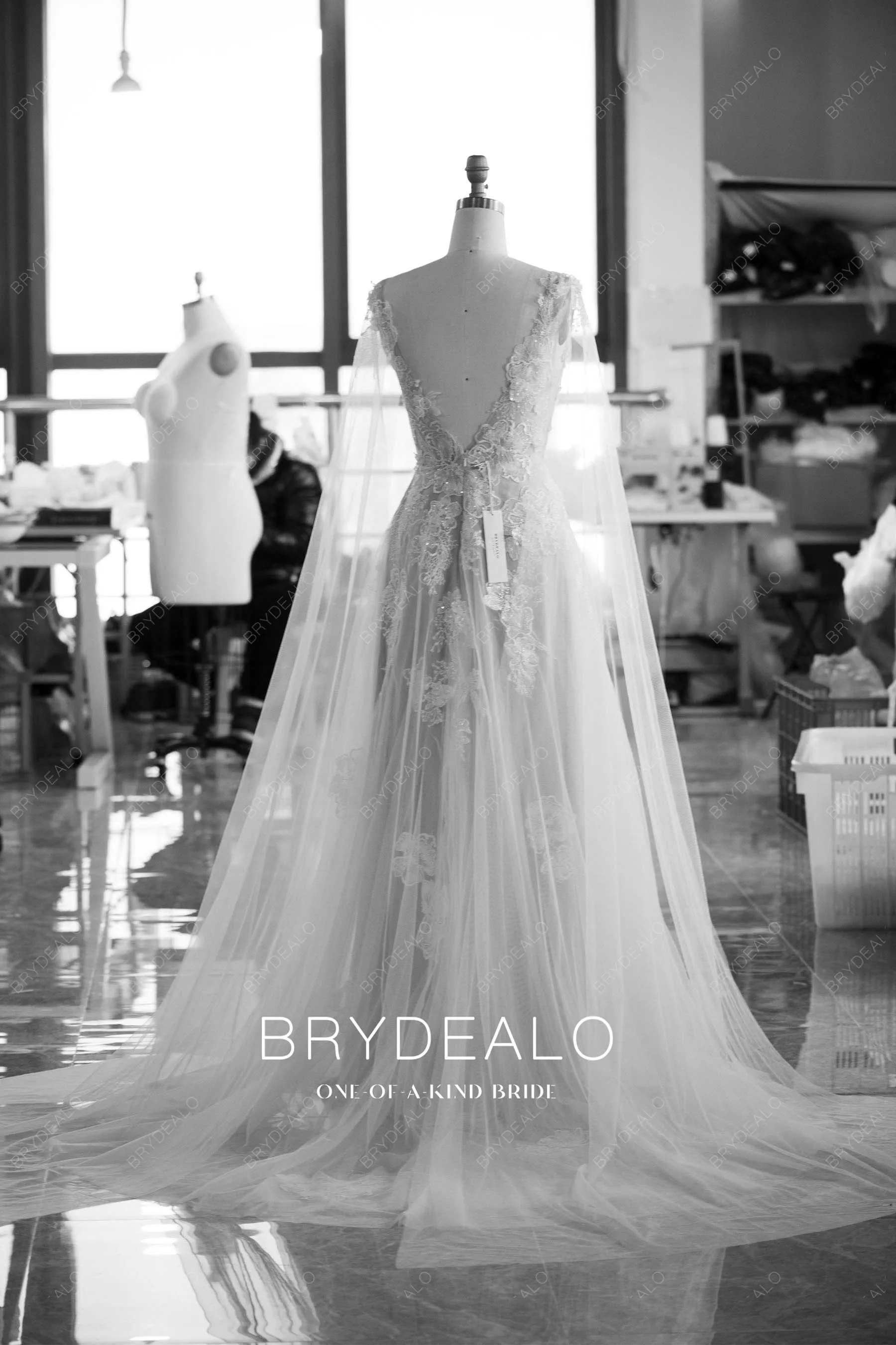 Designer 3D Flower Lace Plunging Modern Nude Shoulder Veil Wedding Dress