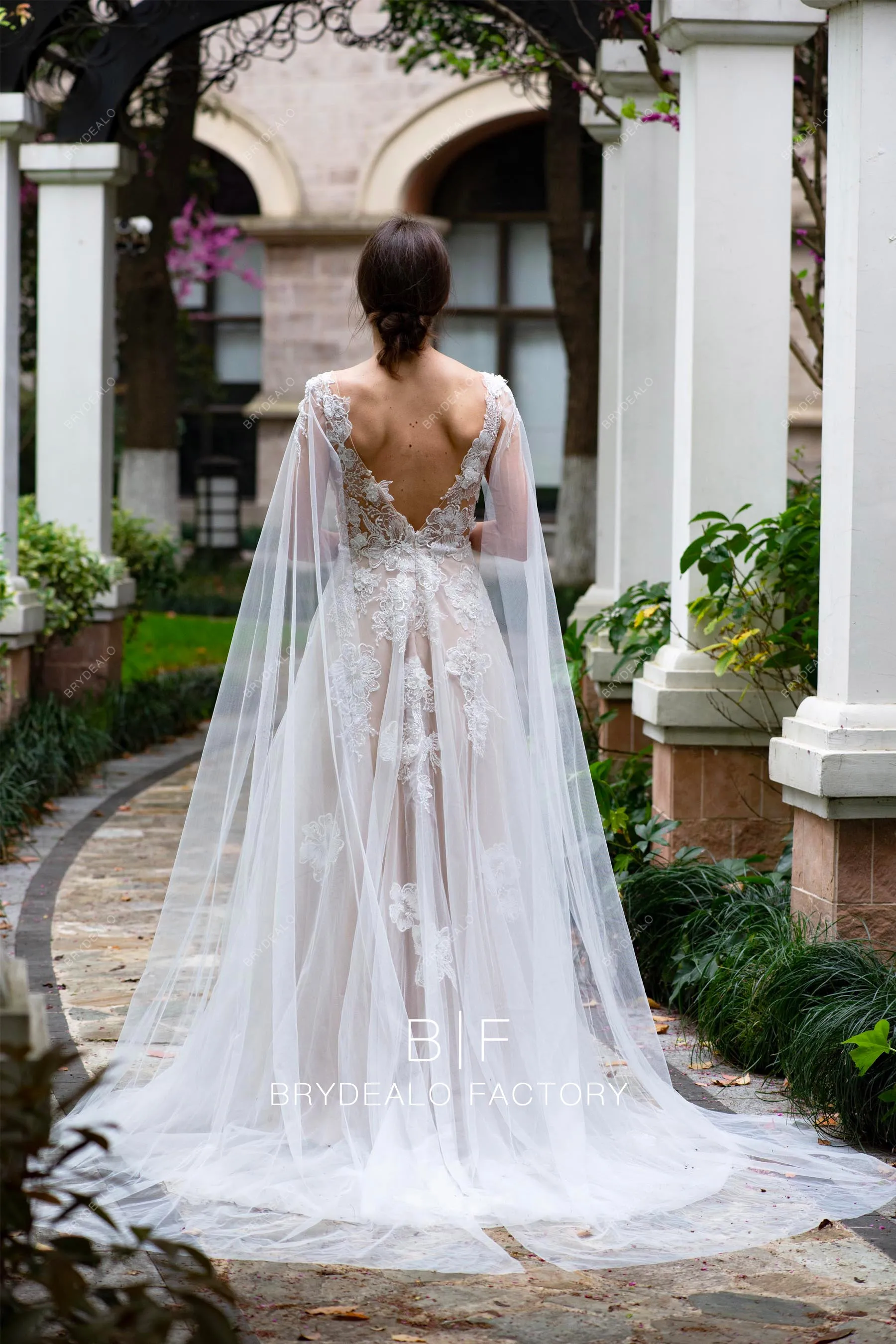 Designer 3D Flower Lace Plunging Modern Nude Shoulder Veil Wedding Dress
