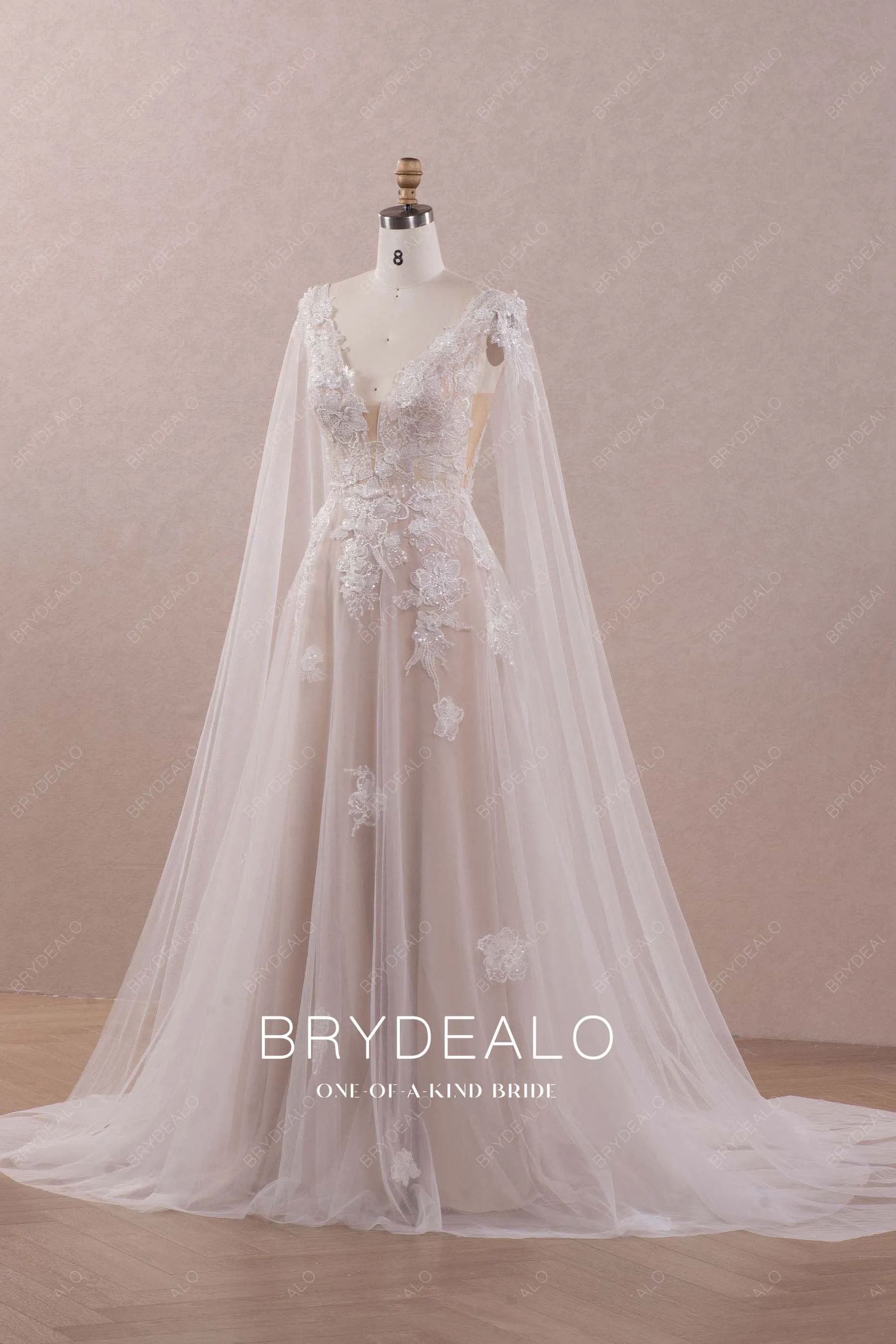 Designer 3D Flower Lace Plunging Modern Nude Shoulder Veil Wedding Dress