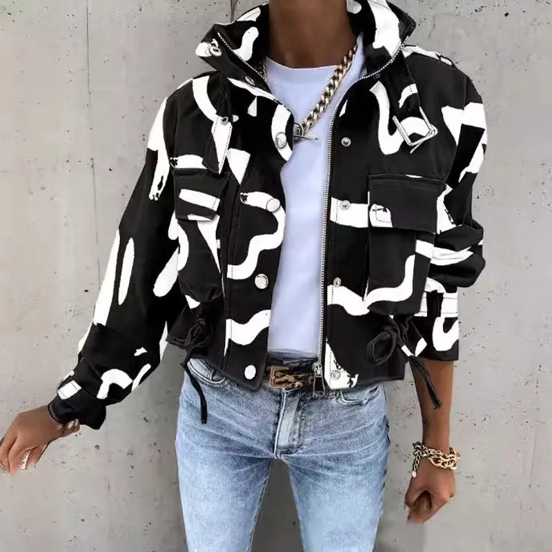 Flytonn-Fall Outfits Women Outwear Streetwear  fall outfits women Women's Clothing New Autumn and Winter Printed Long-Sleeved Pocket Short Fashion Casual Coat Factory Hot