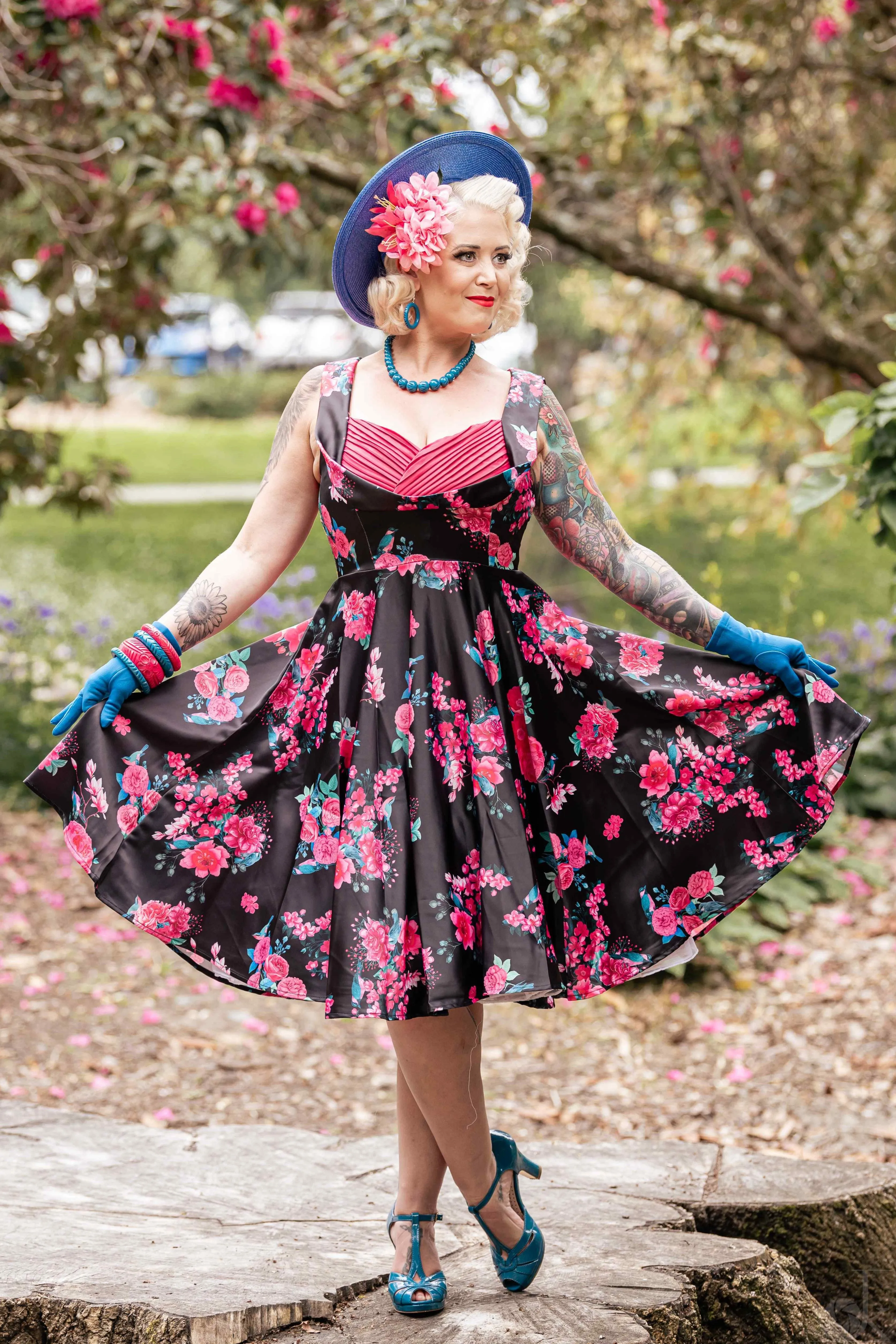 Grace Black Floral Pleated Bust Dress