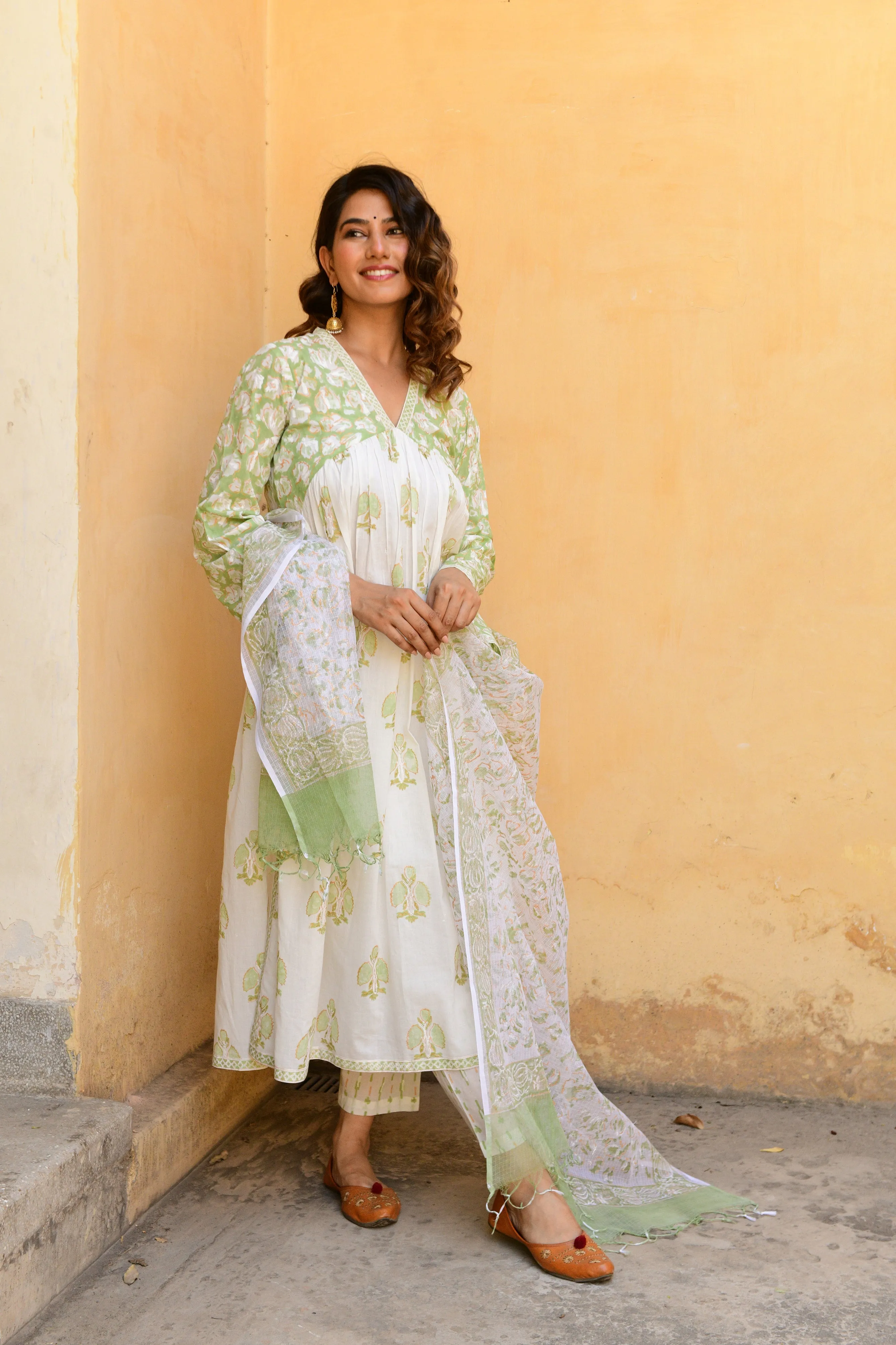 Hand Block Printed V-Neck Green Suit Set