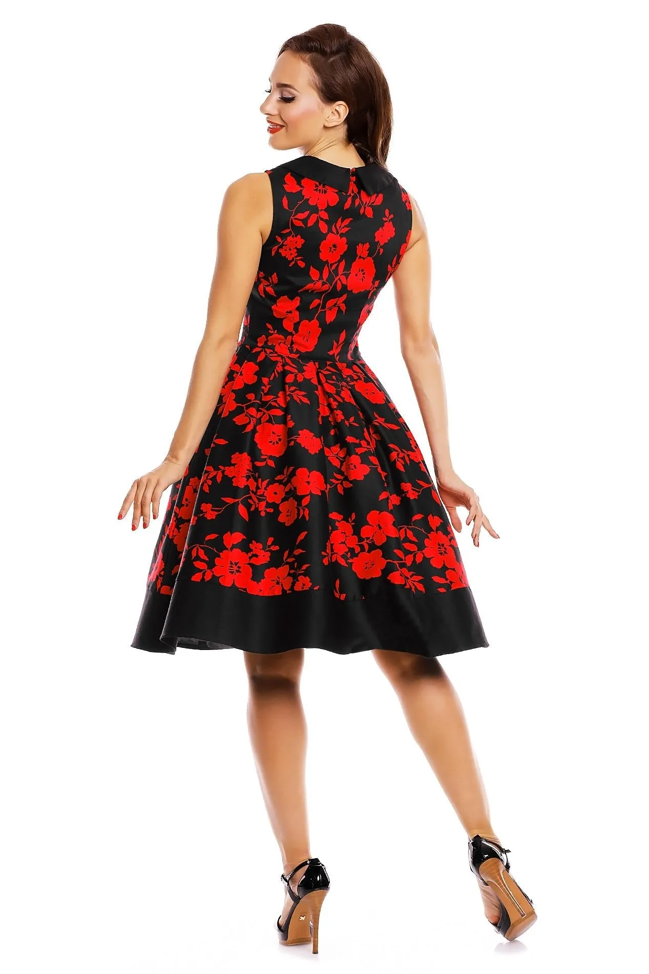 Hazel vintage Inspired Swing Dress in Black-Red Floral