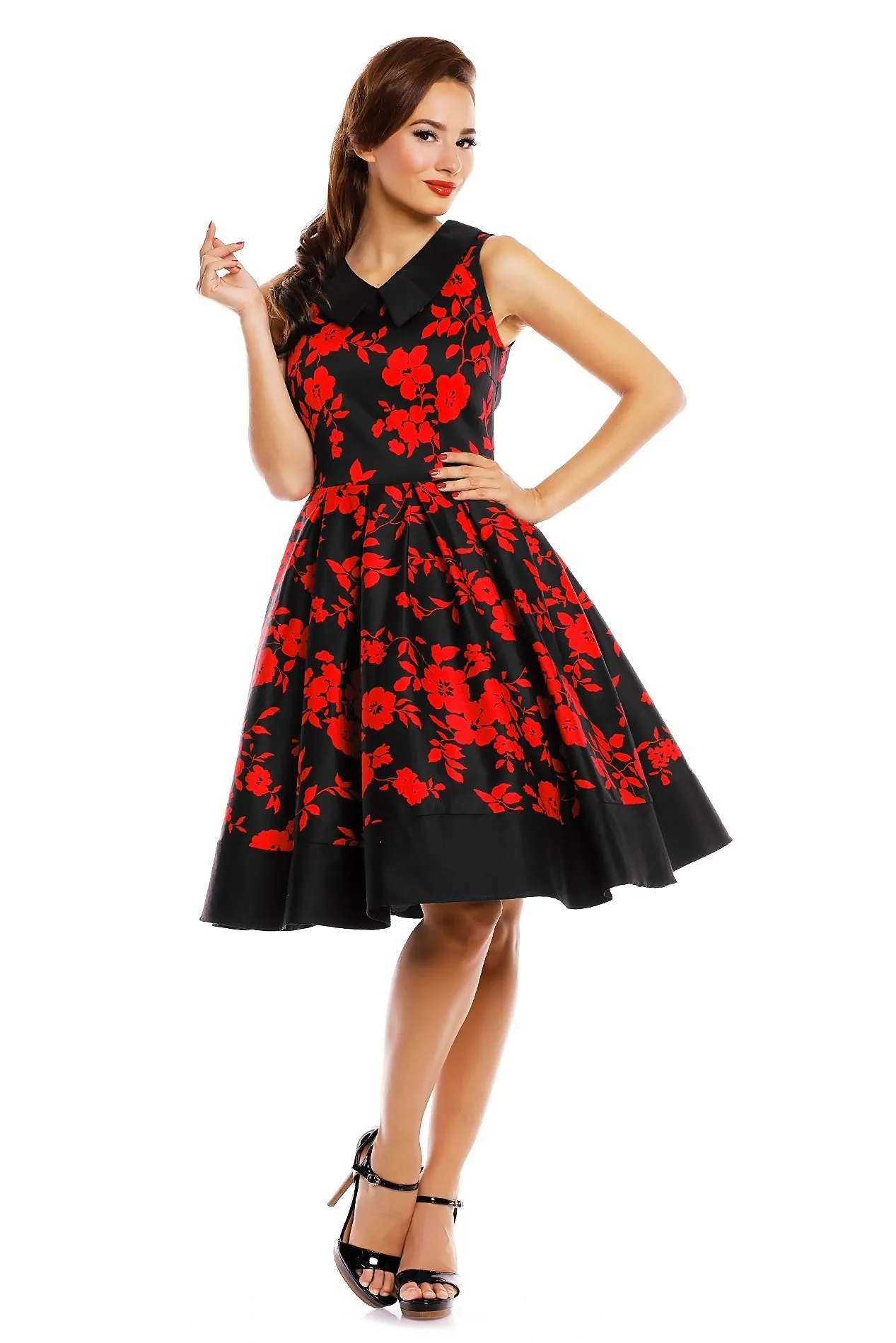 Hazel vintage Inspired Swing Dress in Black-Red Floral