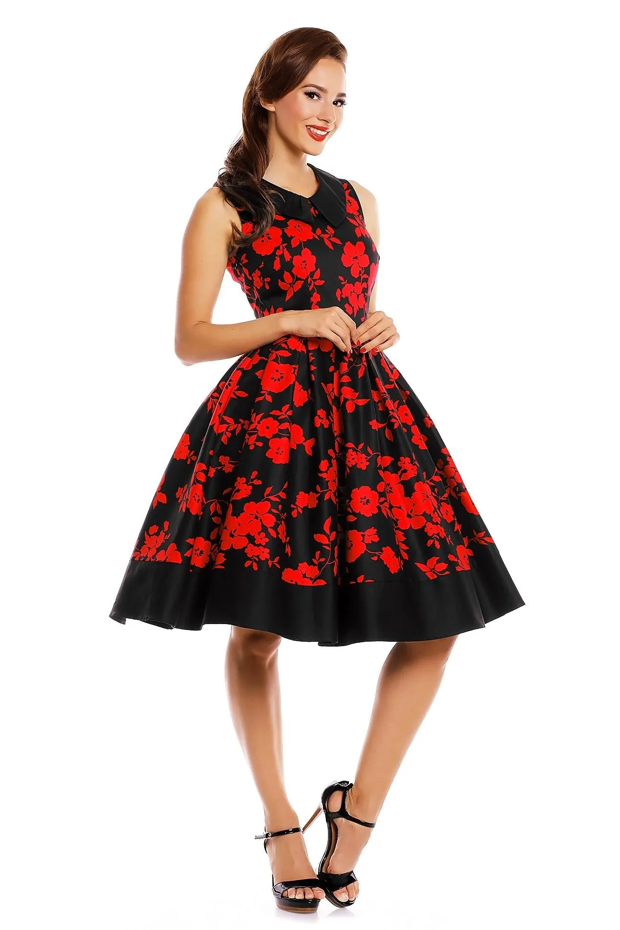 Hazel vintage Inspired Swing Dress in Black-Red Floral