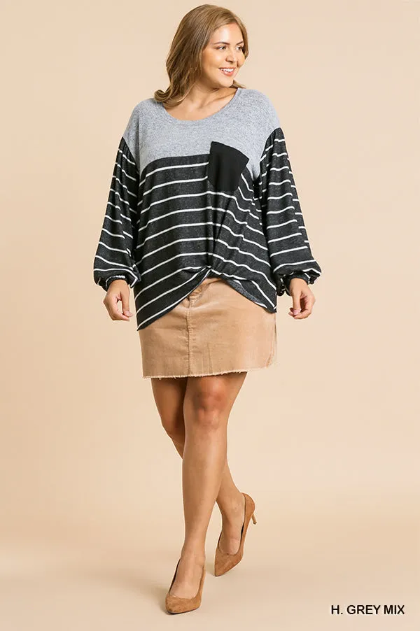 Heathered Puff Sleeve Top, Gray Mix