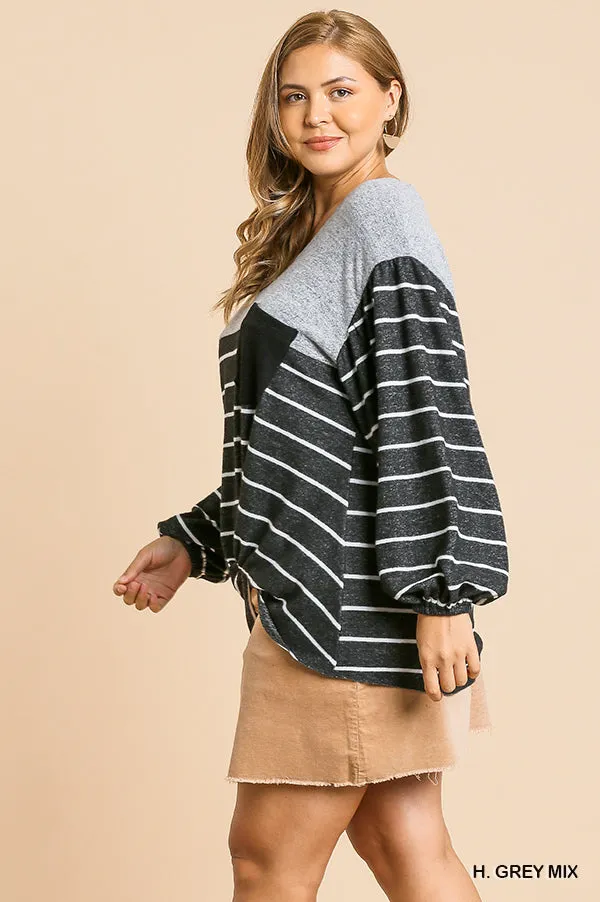 Heathered Puff Sleeve Top, Gray Mix