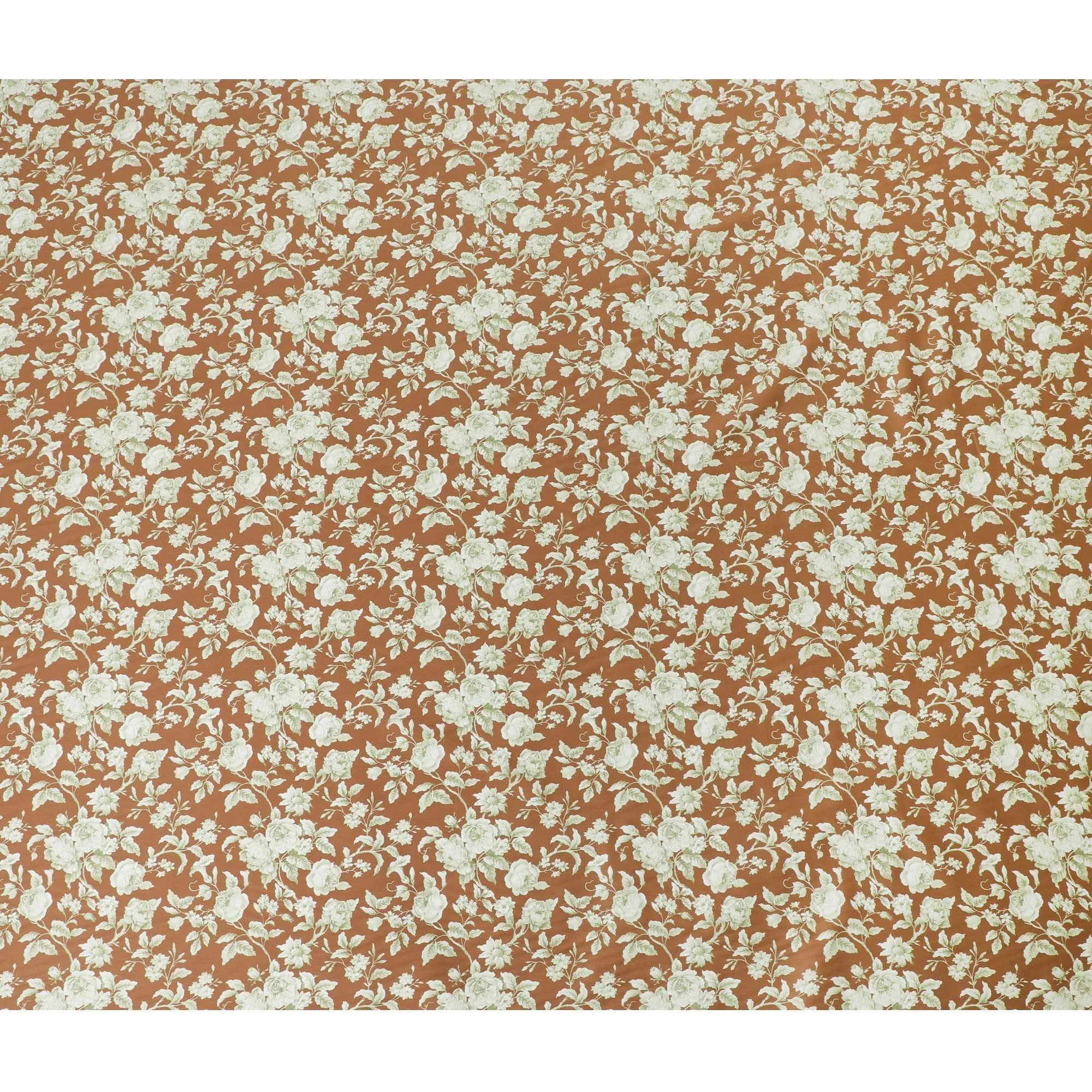 Medium pearwood brown printed cotton satin with green prints in floral design-D11266