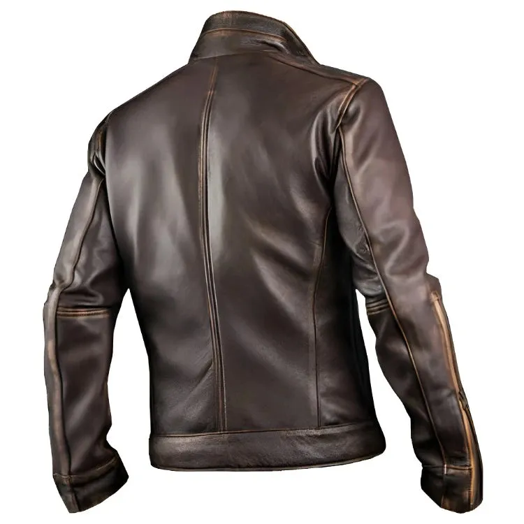 Men’s Vintage Cafe Racer Retro Biker Waxed Brown Leather Jacket