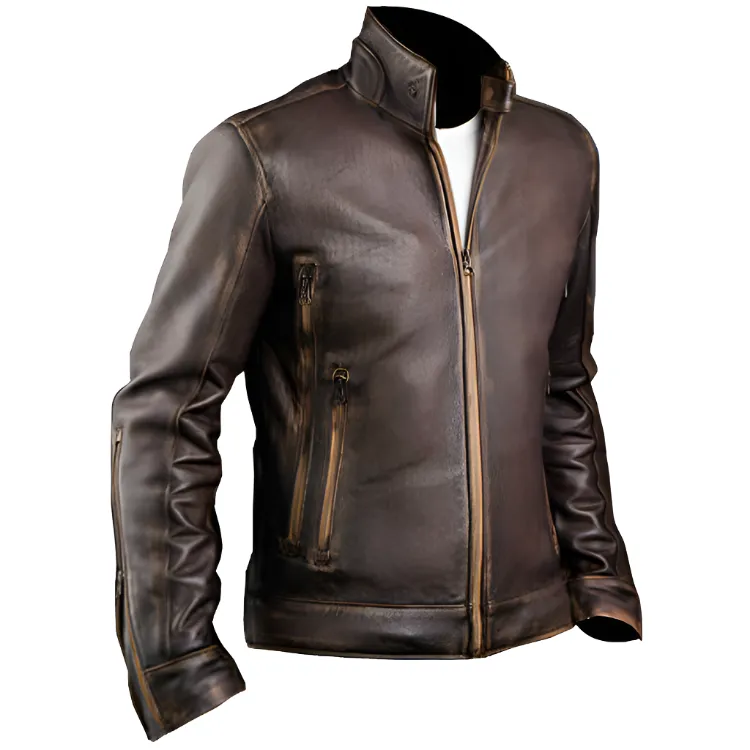 Men’s Vintage Cafe Racer Retro Biker Waxed Brown Leather Jacket