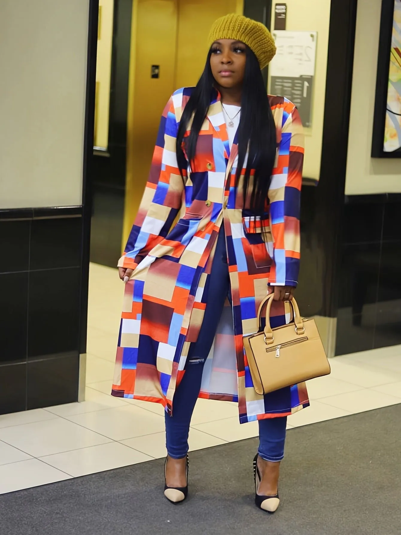 Modern Colorful Geometric-pattern Lapel Women Trench Coats