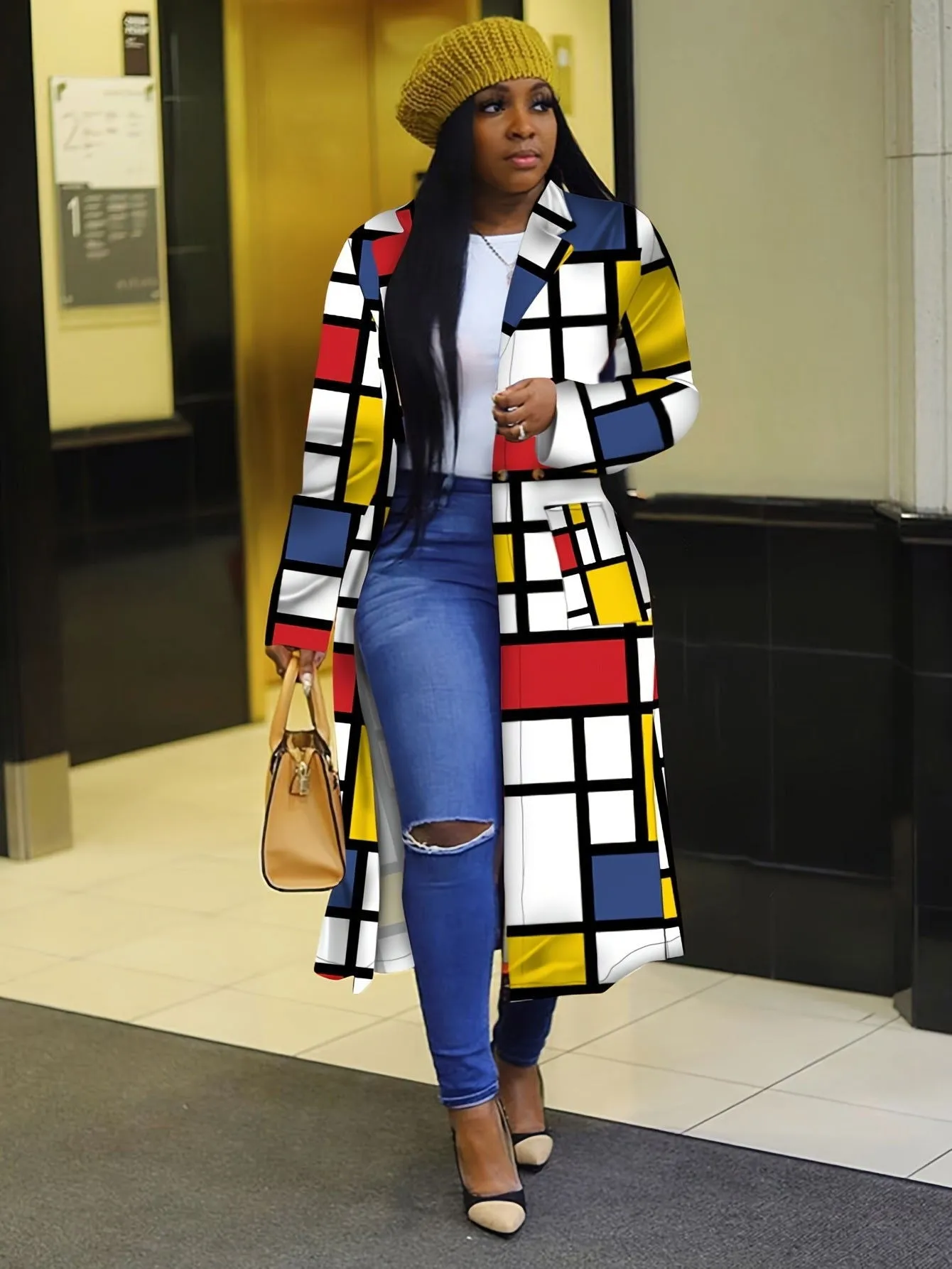 Modern Colorful Geometric-pattern Lapel Women Trench Coats