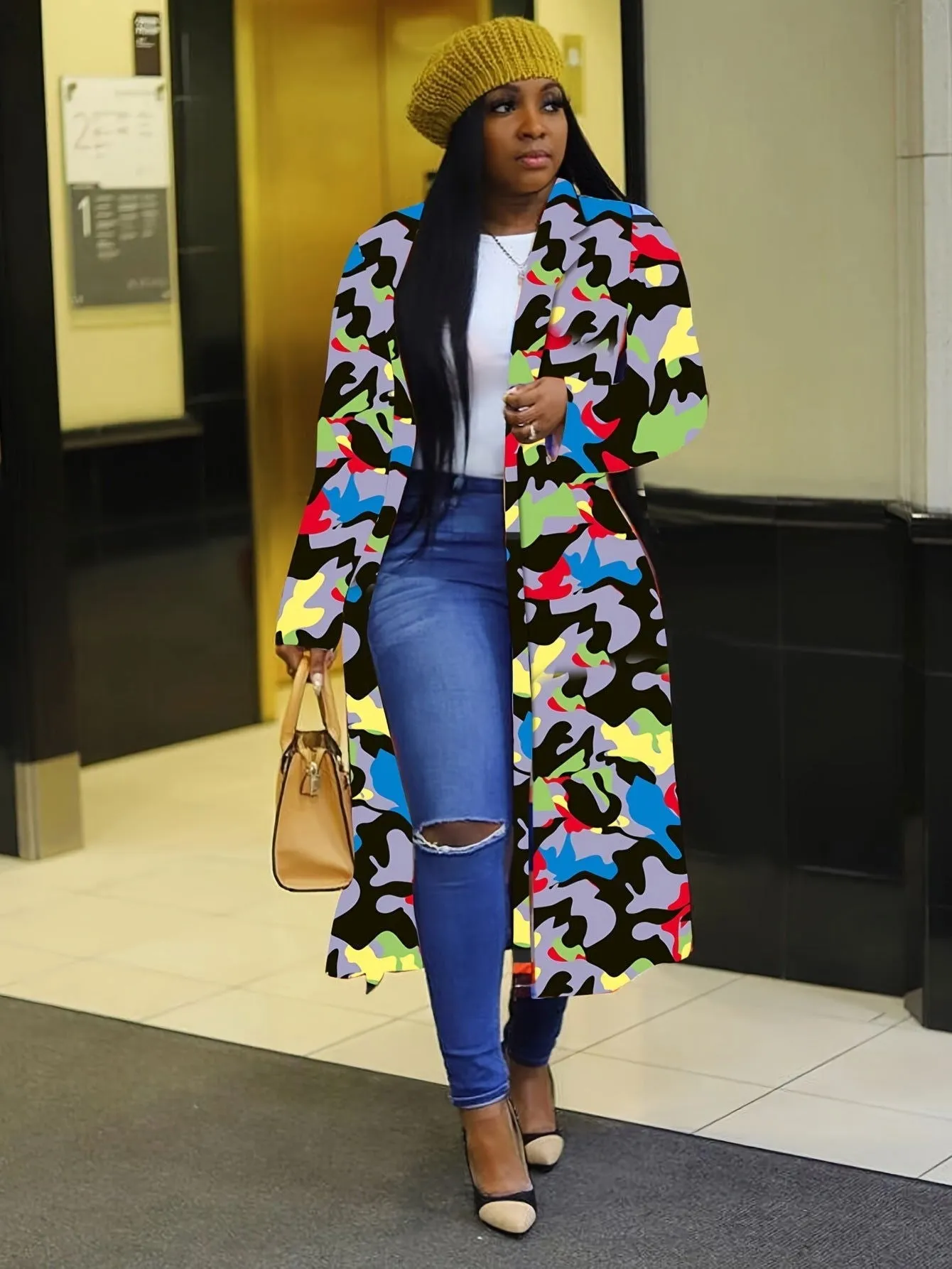 Modern Colorful Geometric-pattern Lapel Women Trench Coats