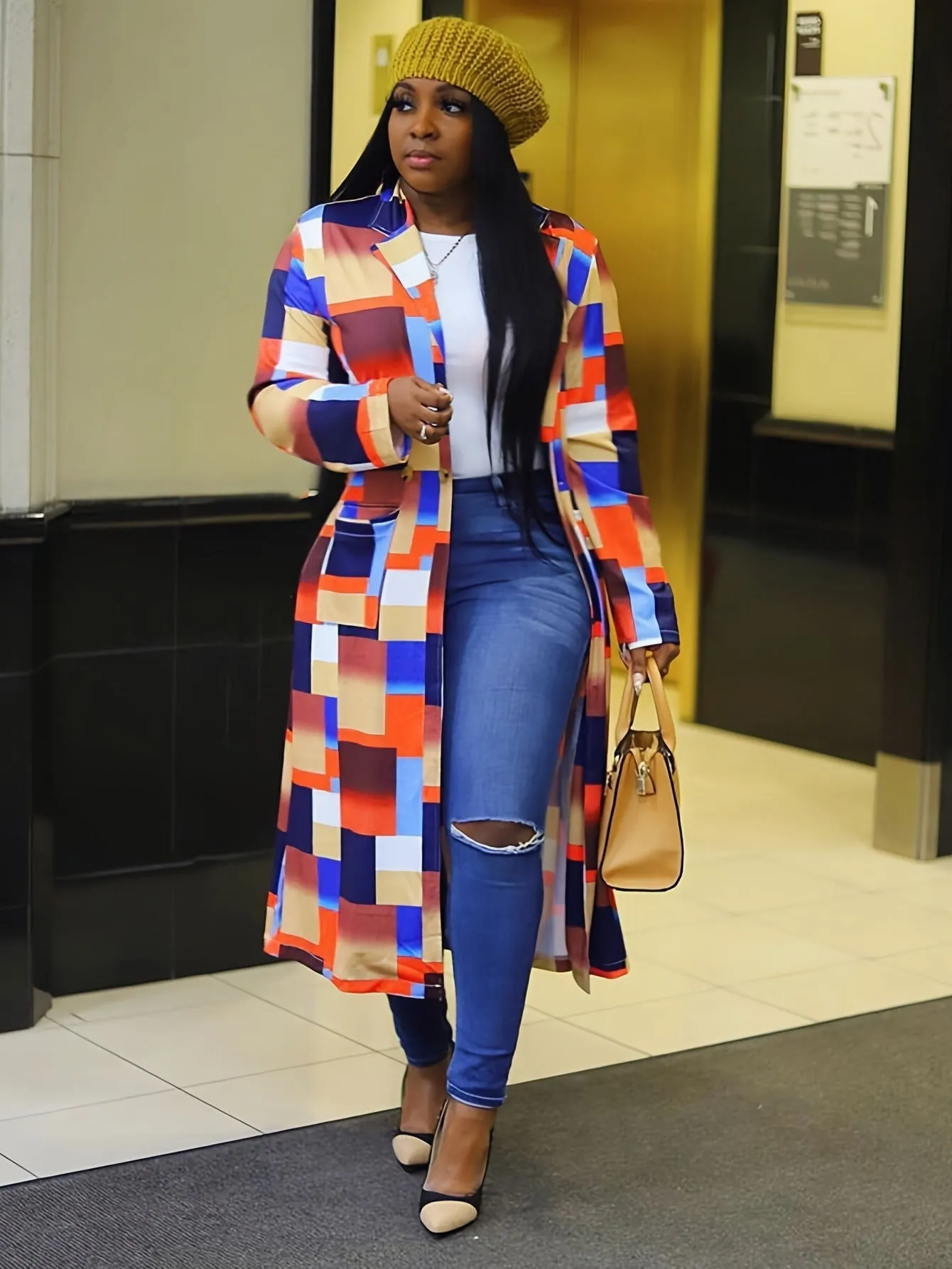 Modern Colorful Geometric-pattern Lapel Women Trench Coats