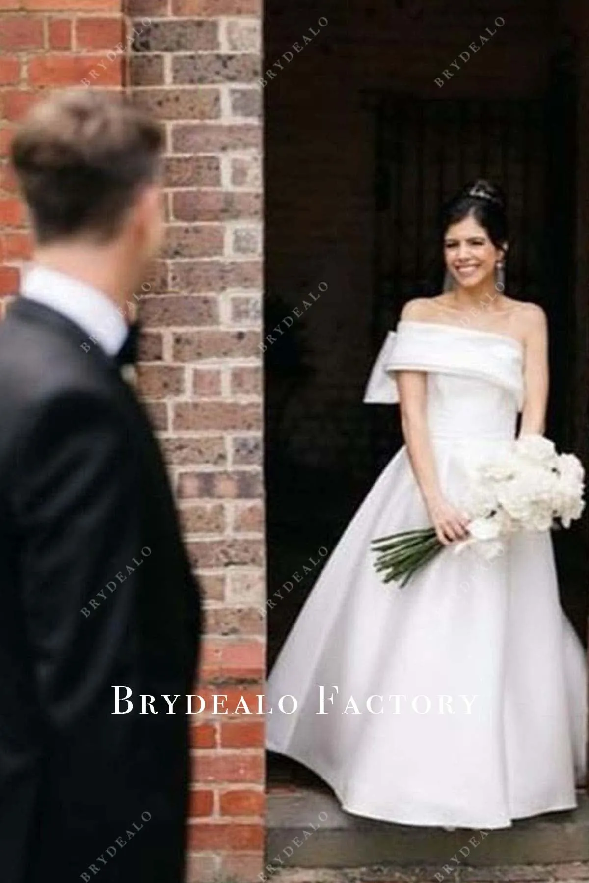 Pretty Big Bow One Sleeve Satin Destination Wedding Dress