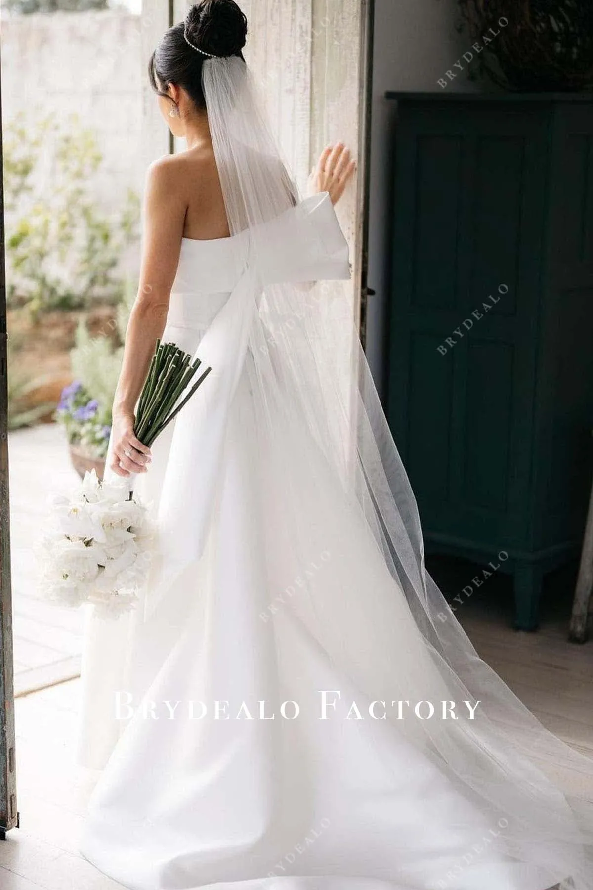 Pretty Big Bow One Sleeve Satin Destination Wedding Dress