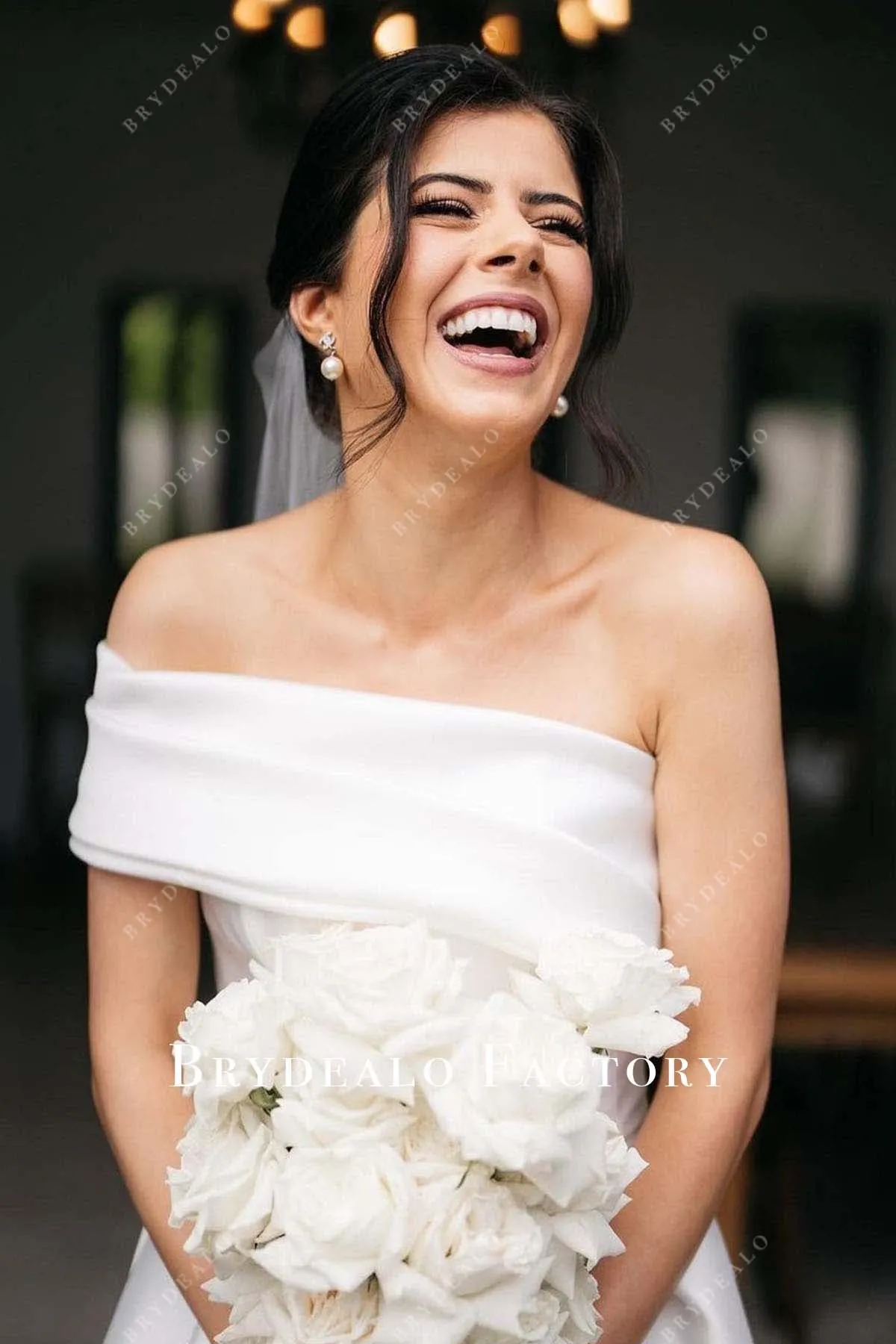 Pretty Big Bow One Sleeve Satin Destination Wedding Dress